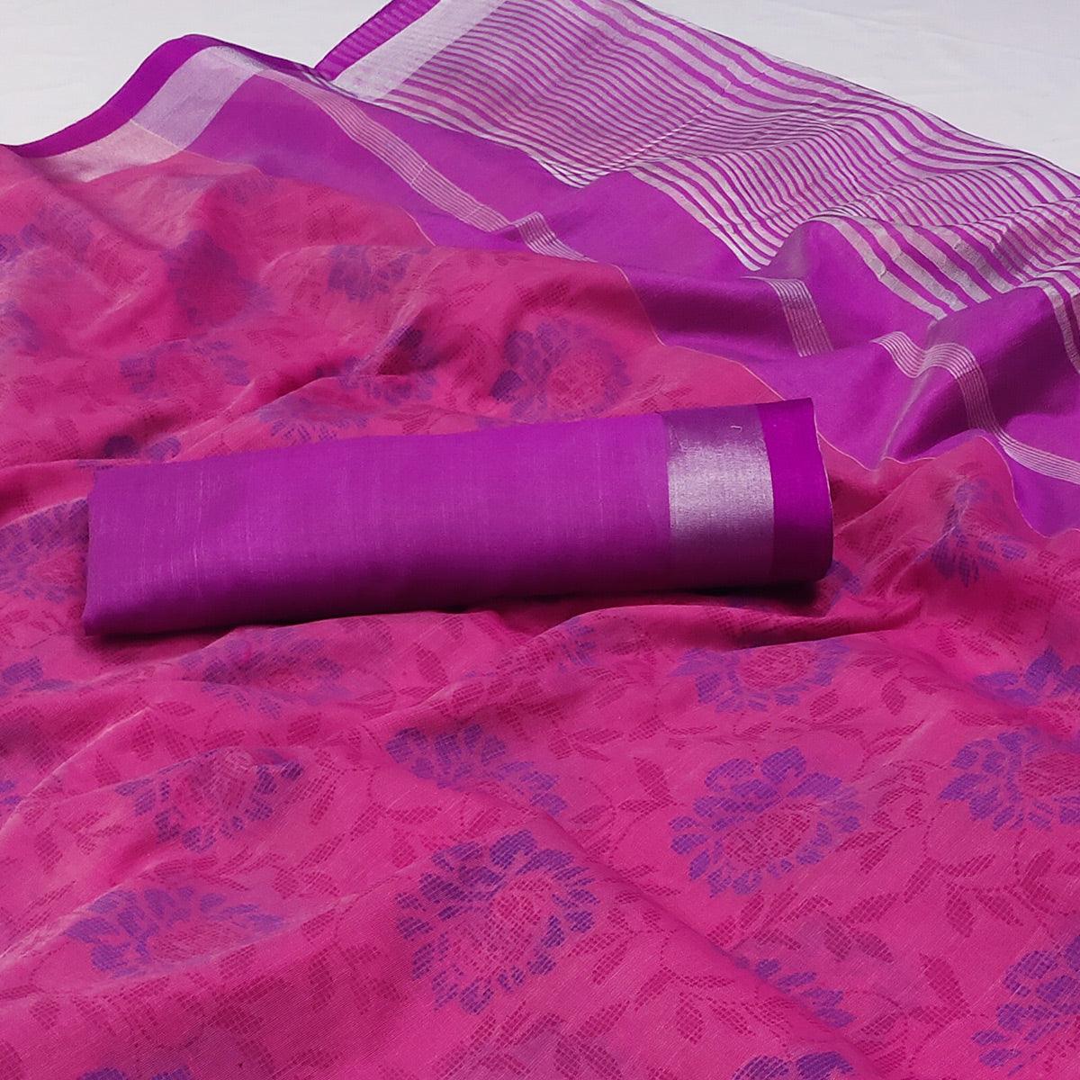 Purple Floral Block Printed Chanderi Saree - Peachmode