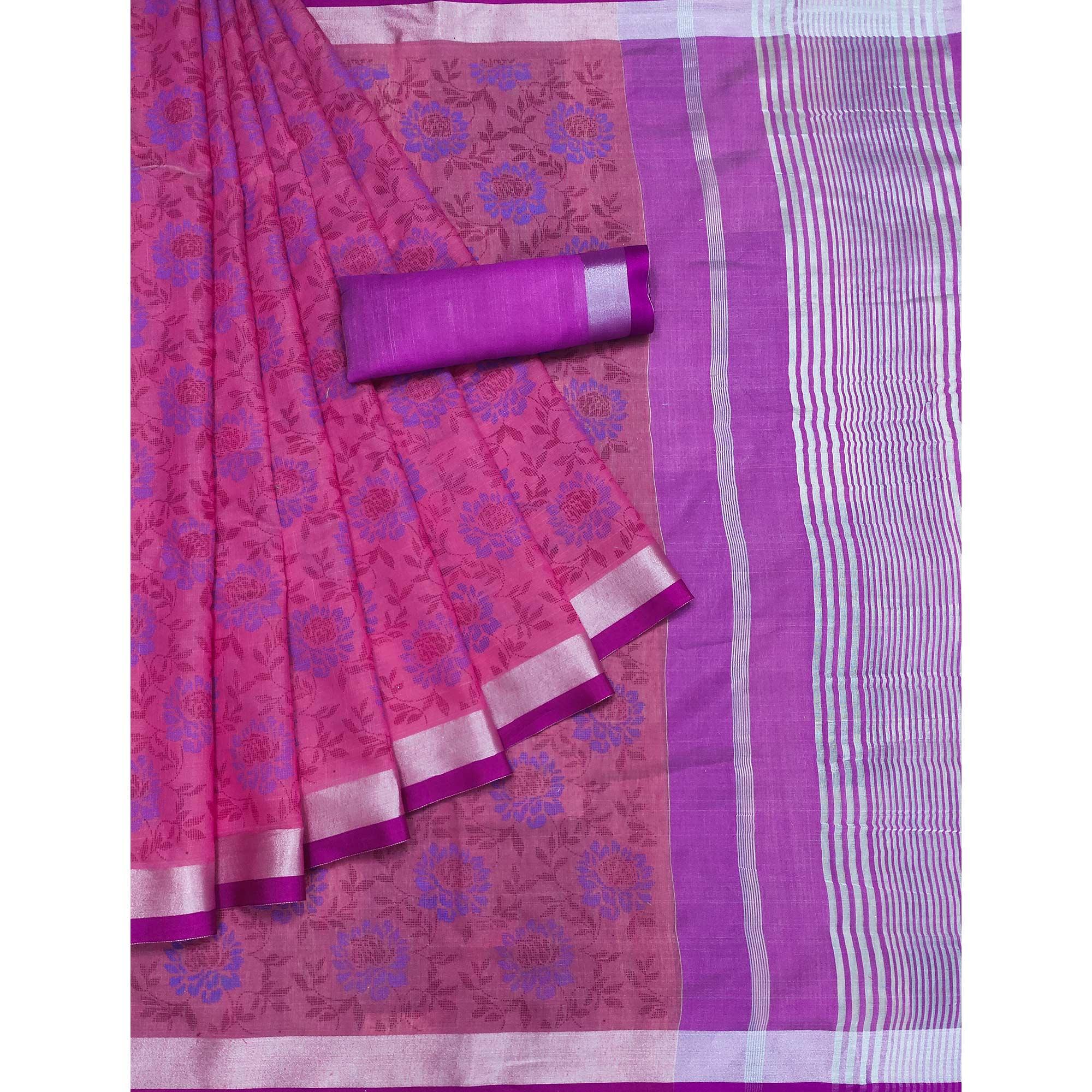Purple Floral Block Printed Chanderi Saree - Peachmode
