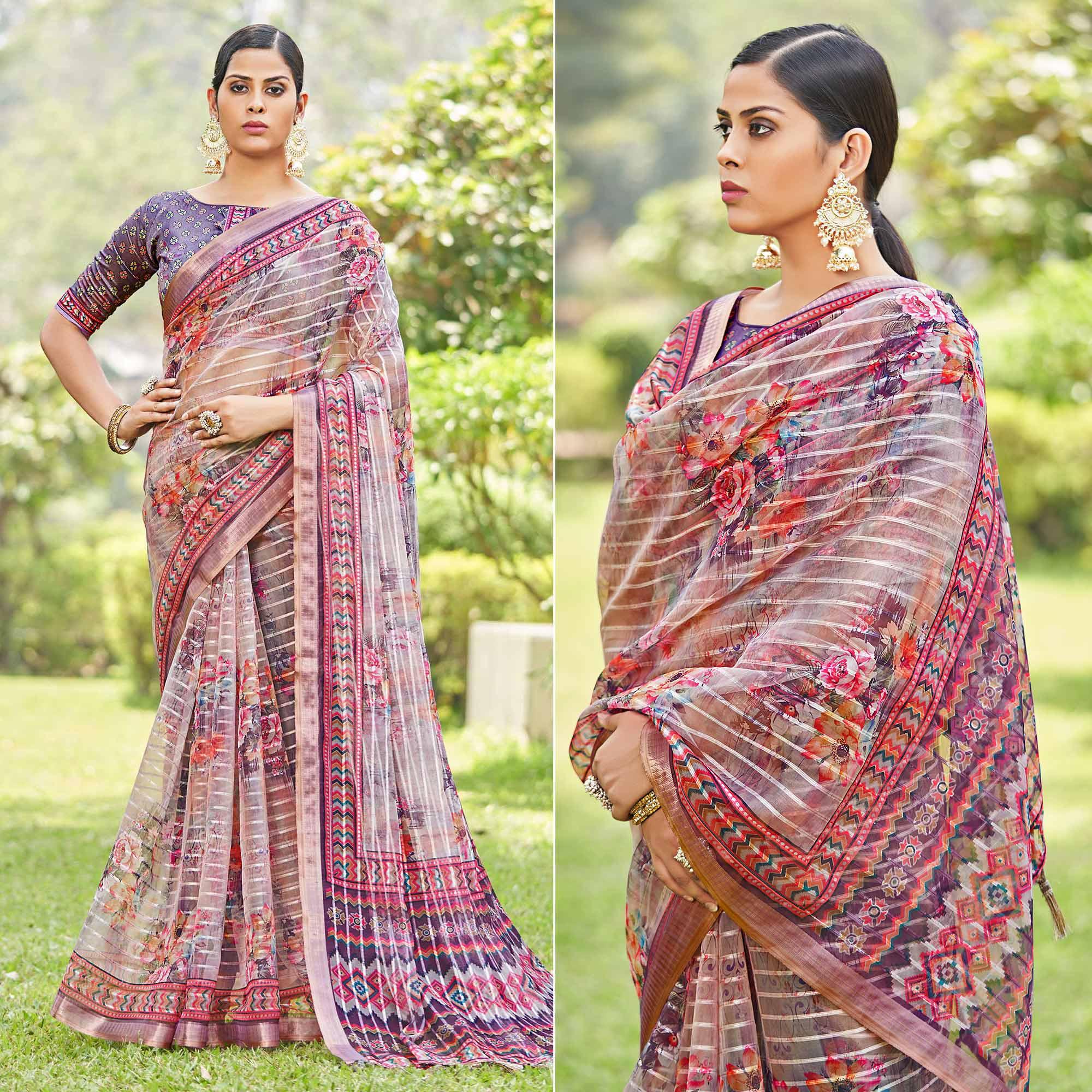 Purple Floral Digital Printed With Sequence Linen Saree - Peachmode