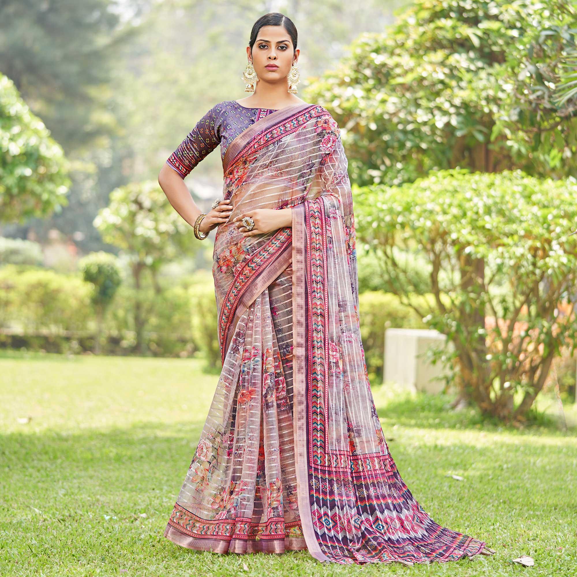 Purple Floral Digital Printed With Sequence Linen Saree - Peachmode