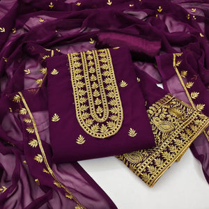 Purple Floral Embroidered Georgette Dress Material - Peachmode