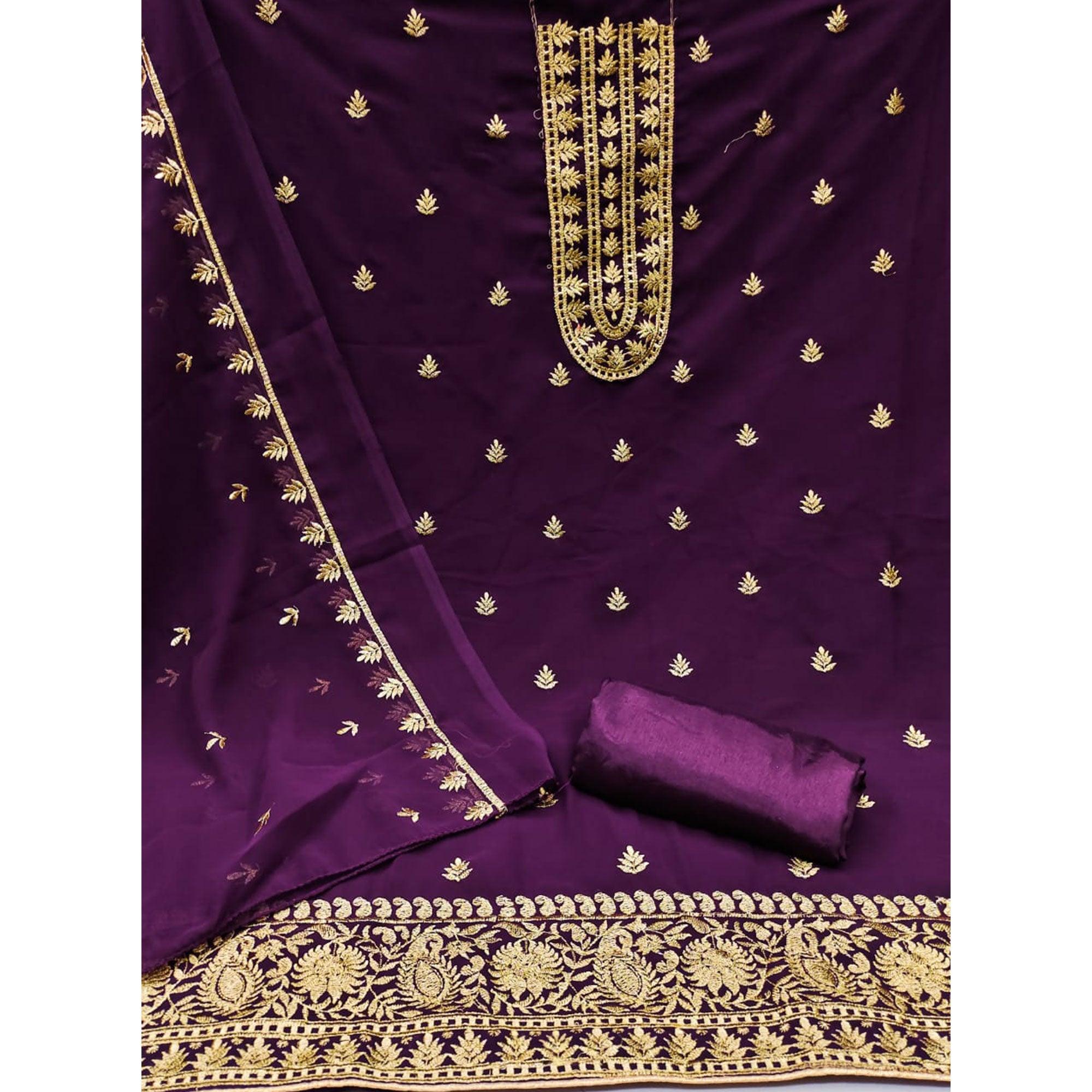 Purple Floral Embroidered Georgette Dress Material - Peachmode