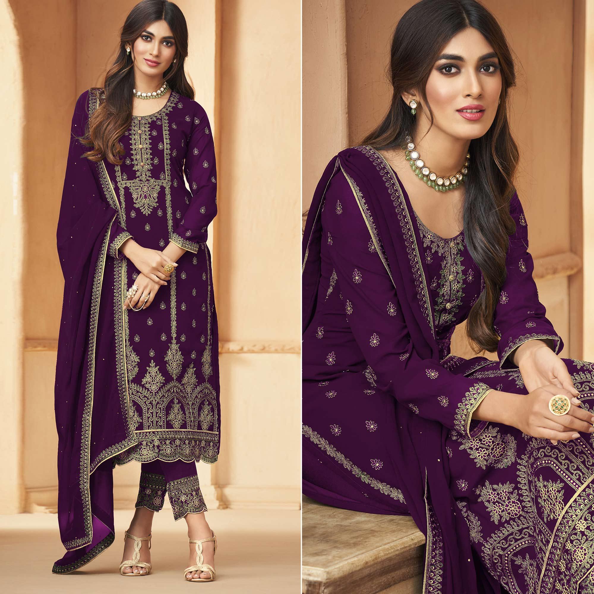 Purple Floral Embroidered Georgette Pakistani Suit - Peachmode