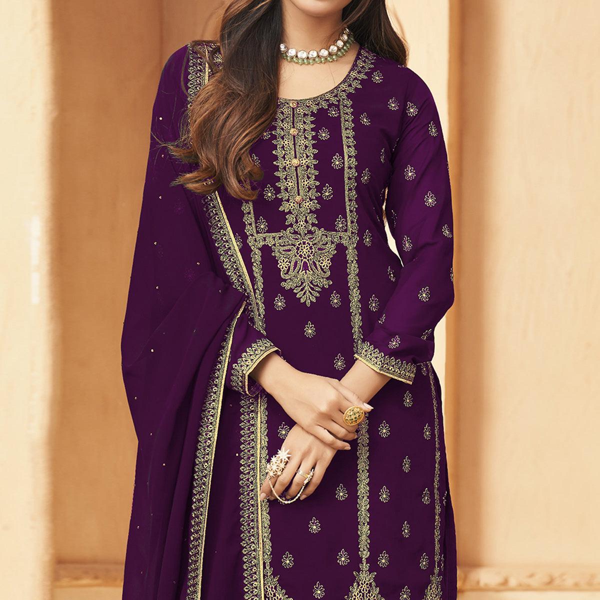 Purple Floral Embroidered Georgette Pakistani Suit - Peachmode