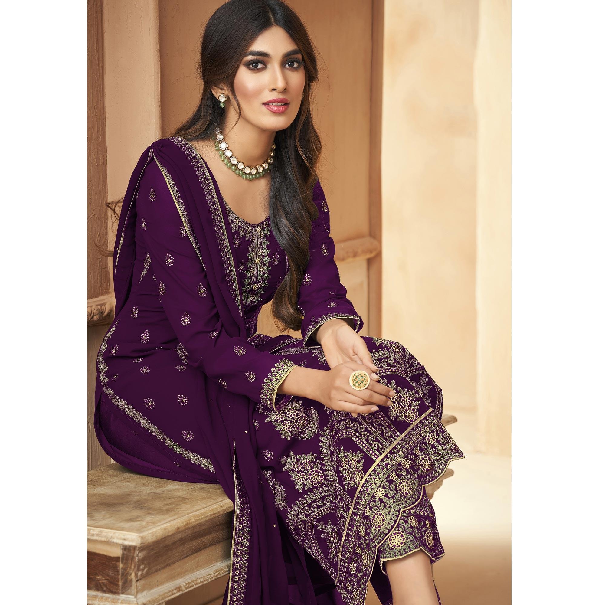Purple Floral Embroidered Georgette Pakistani Suit - Peachmode