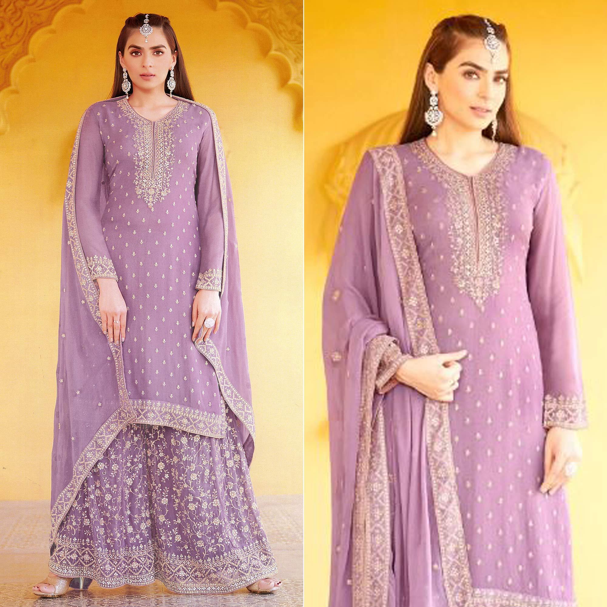 Purple Floral Embroidered Georgette Sharara Suit - Peachmode