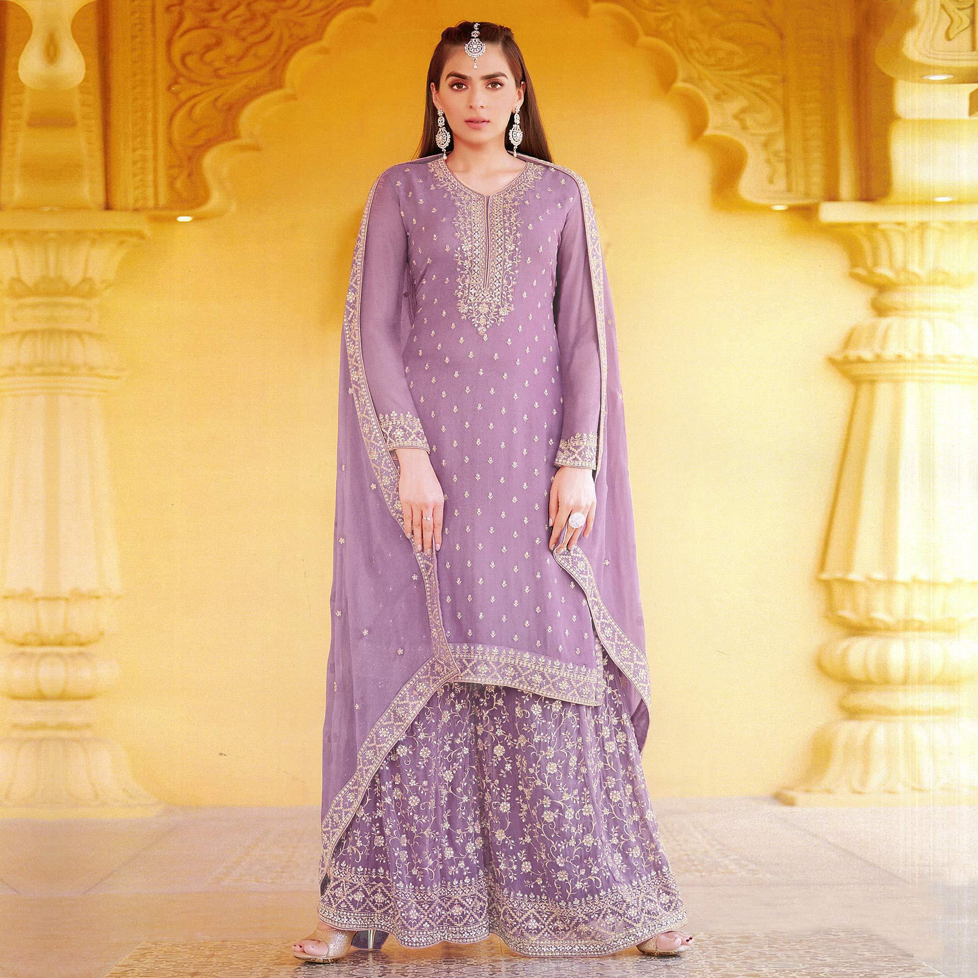 Purple Floral Embroidered Georgette Sharara Suit - Peachmode