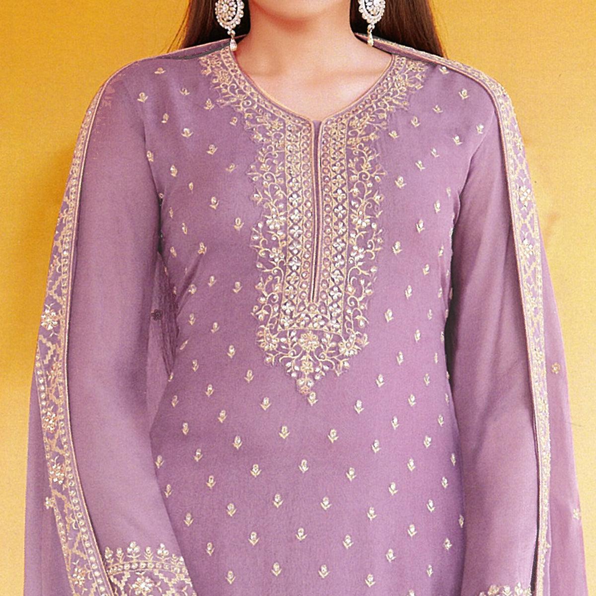 Purple Floral Embroidered Georgette Sharara Suit - Peachmode