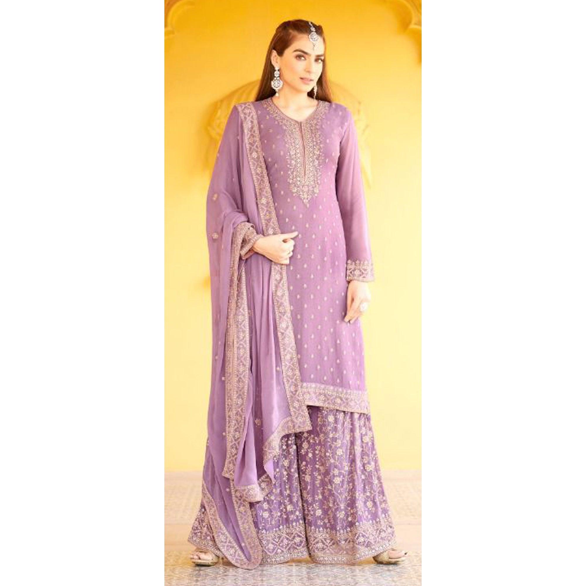 Purple Floral Embroidered Georgette Sharara Suit - Peachmode