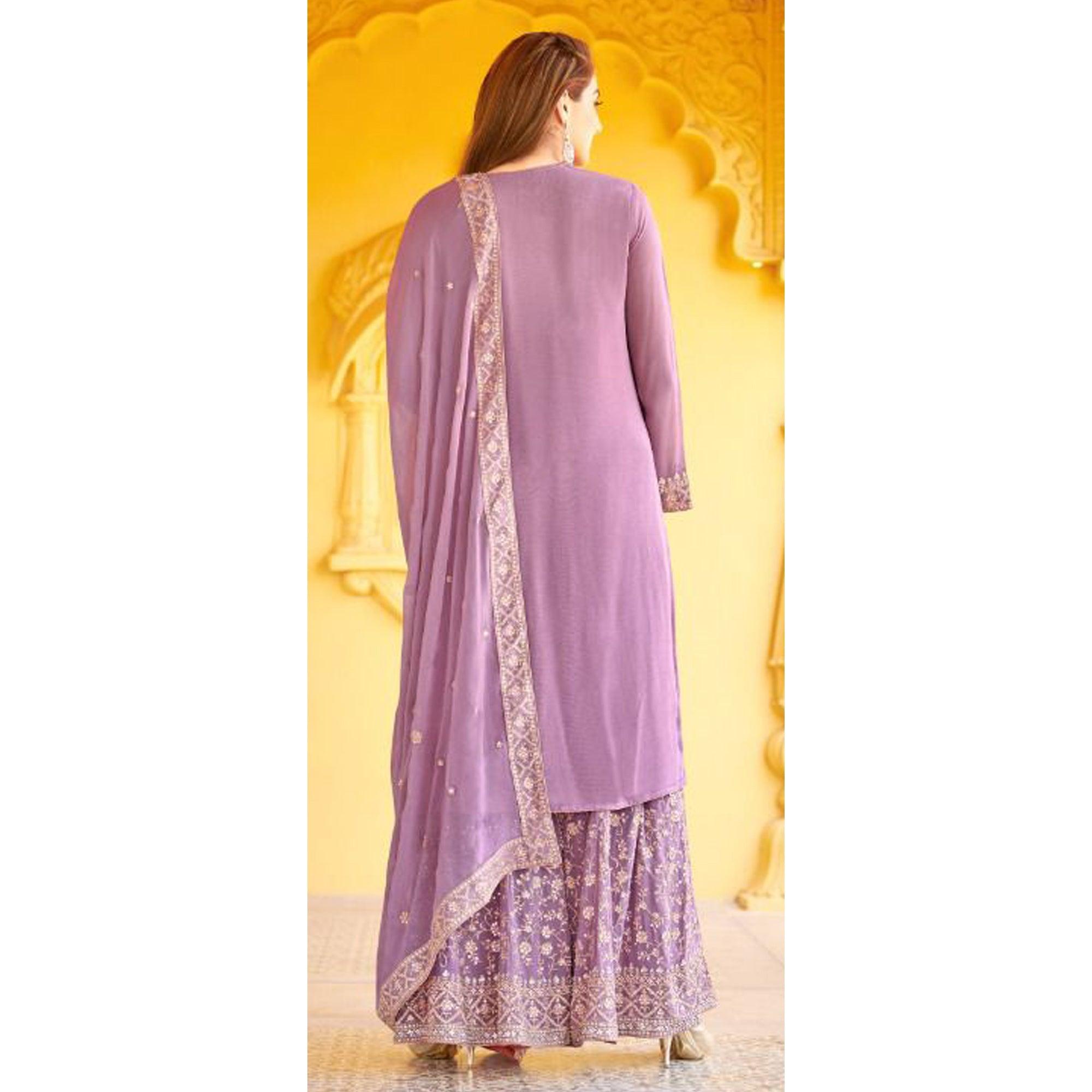 Purple Floral Embroidered Georgette Sharara Suit - Peachmode