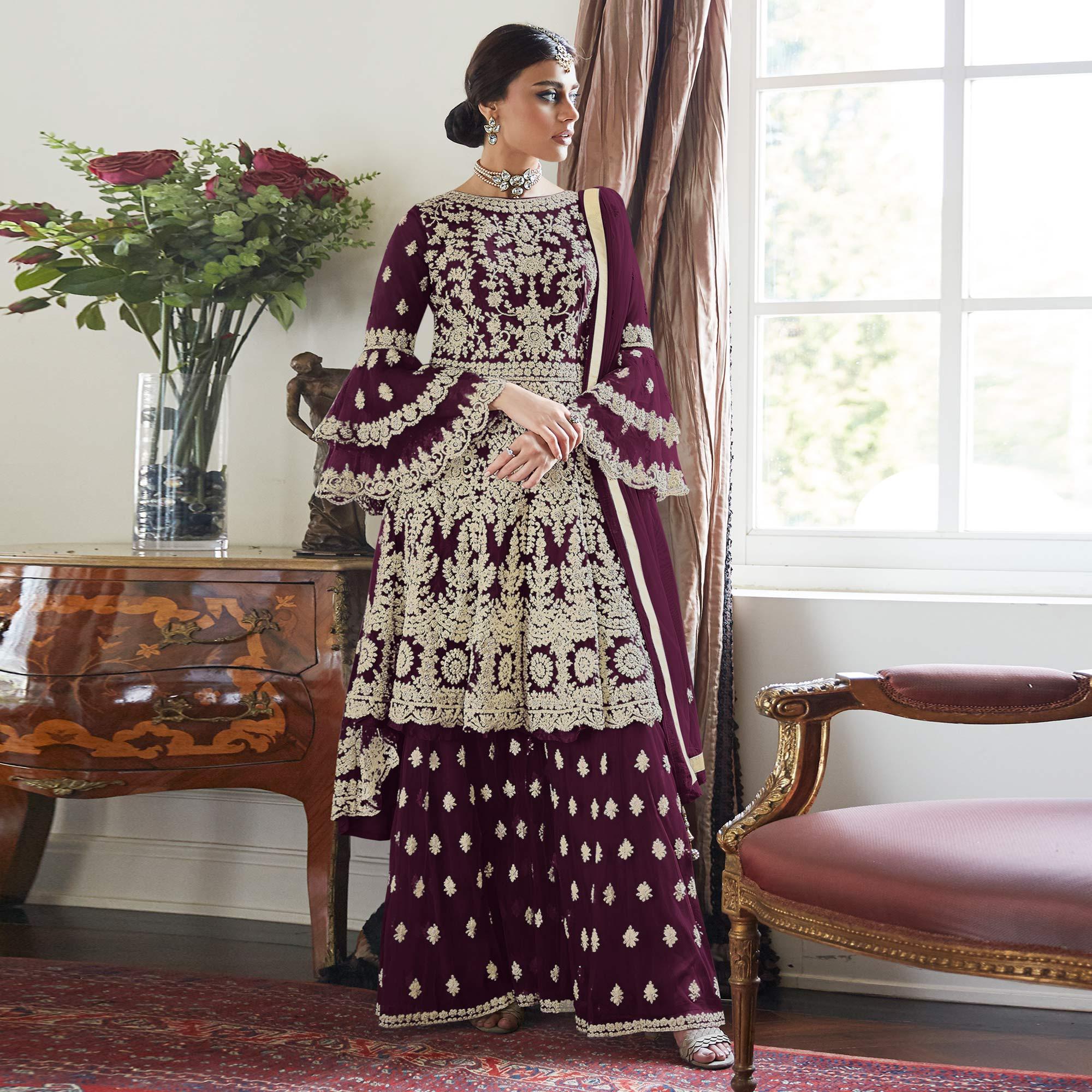Purple Floral Embroidered Net Sharara Suit - Peachmode