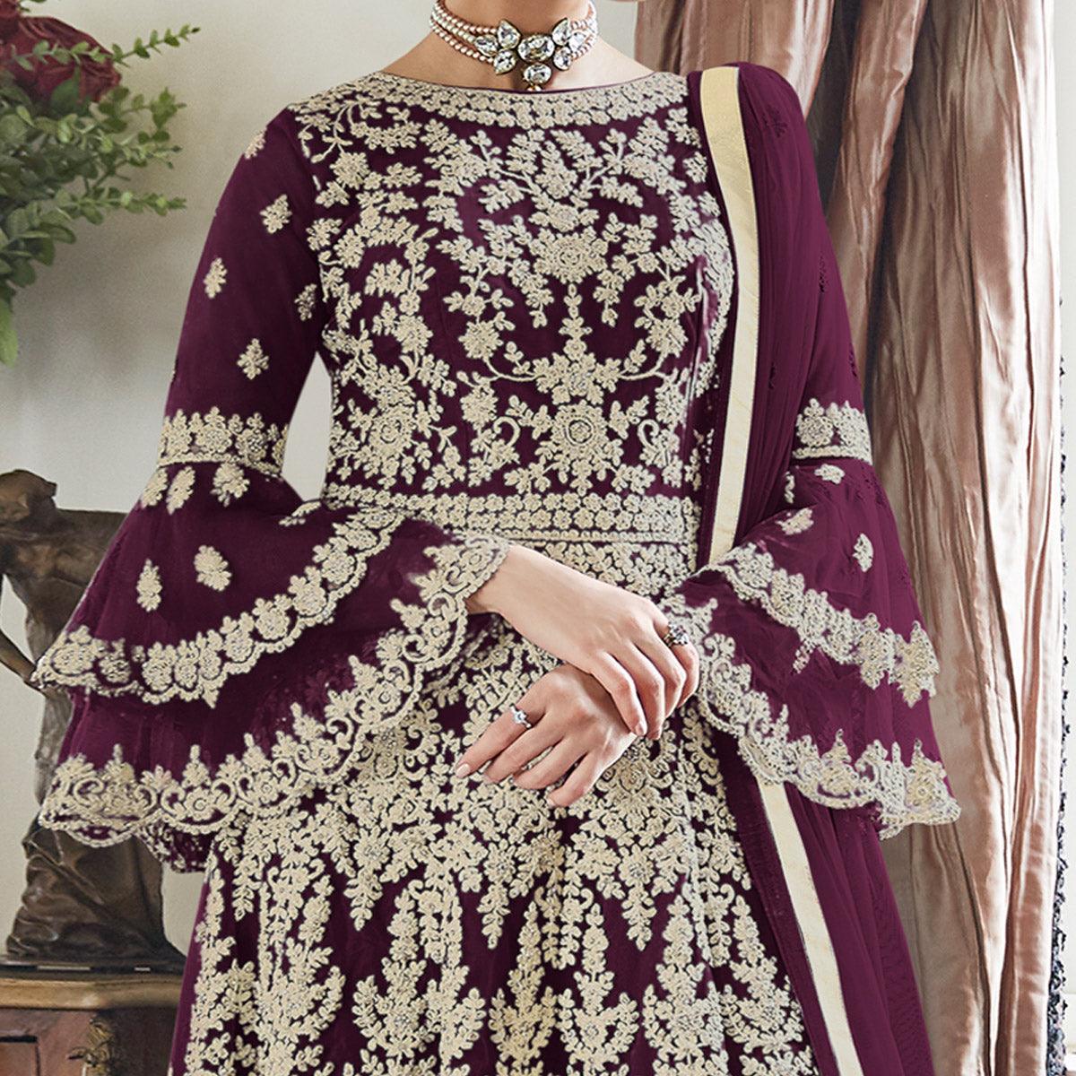 Purple Floral Embroidered Net Sharara Suit - Peachmode