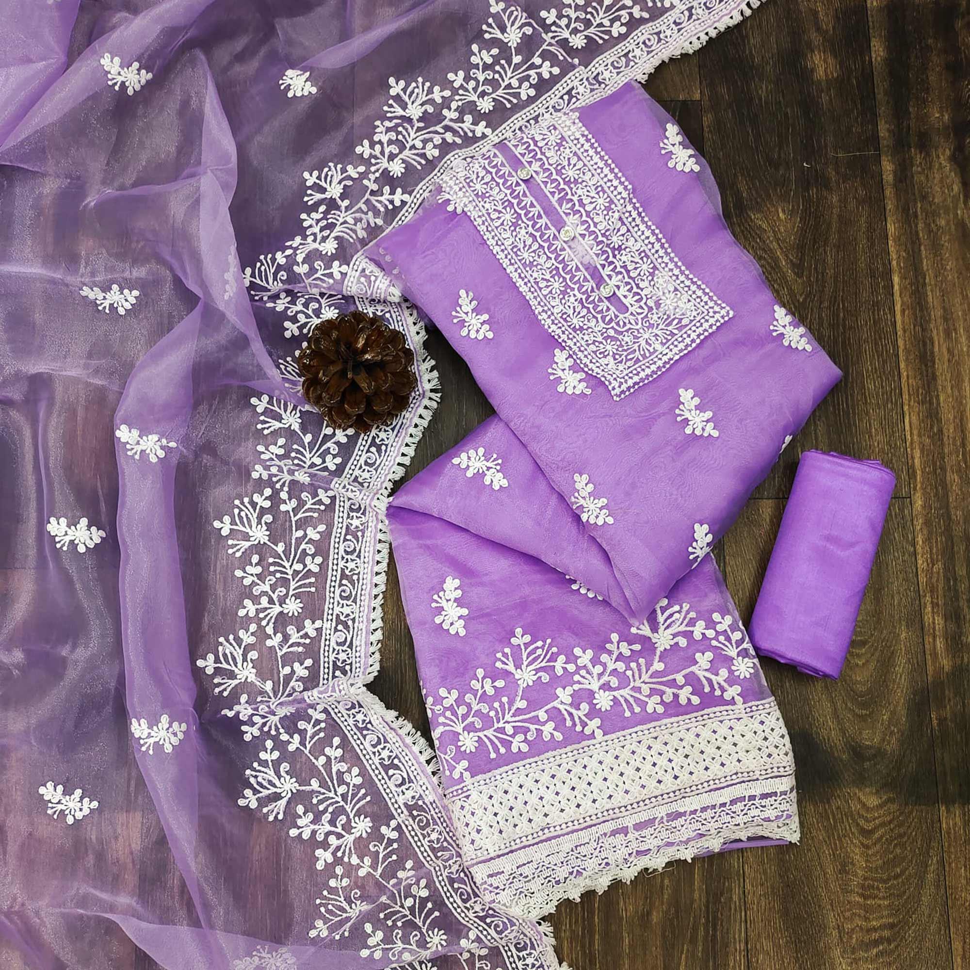 Purple Floral Embroidered Organza Dress Material - Peachmode