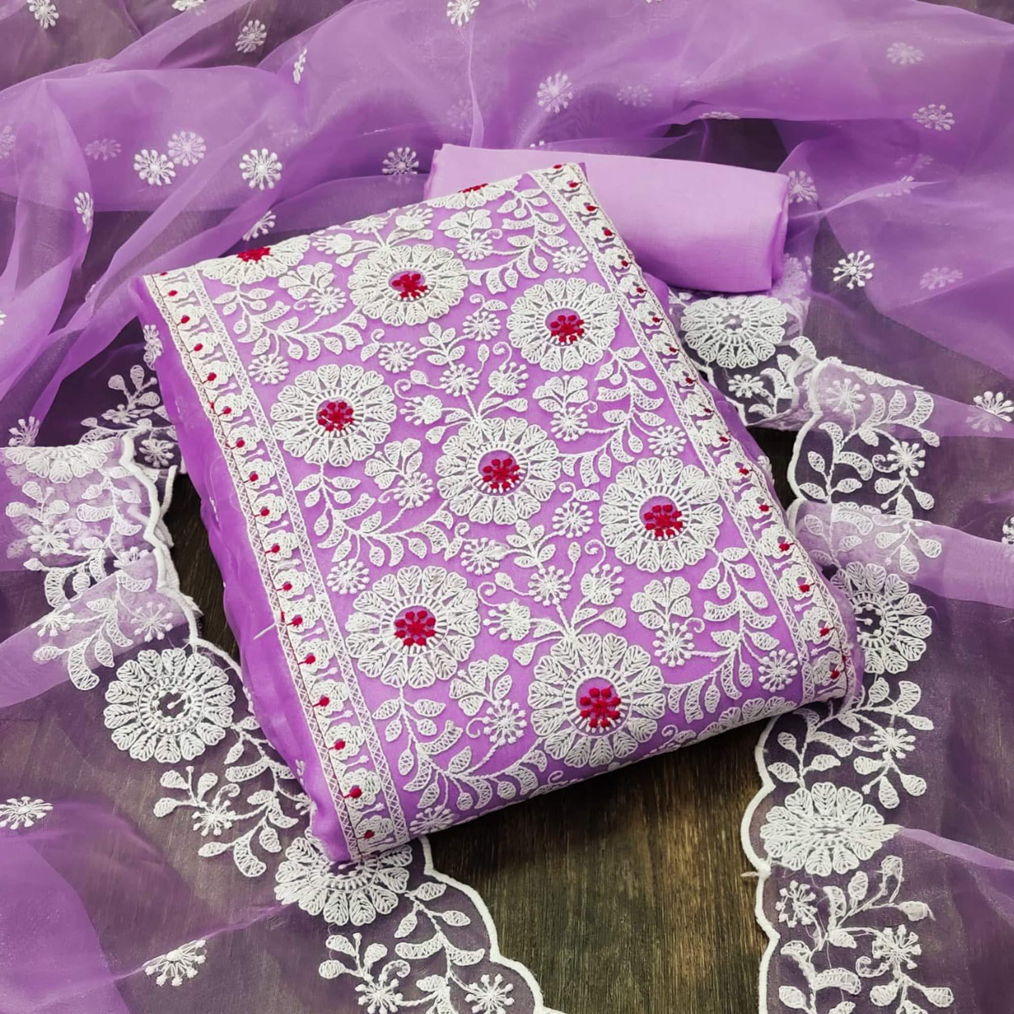 Purple Floral Embroidered Organza Dress Material - Peachmode