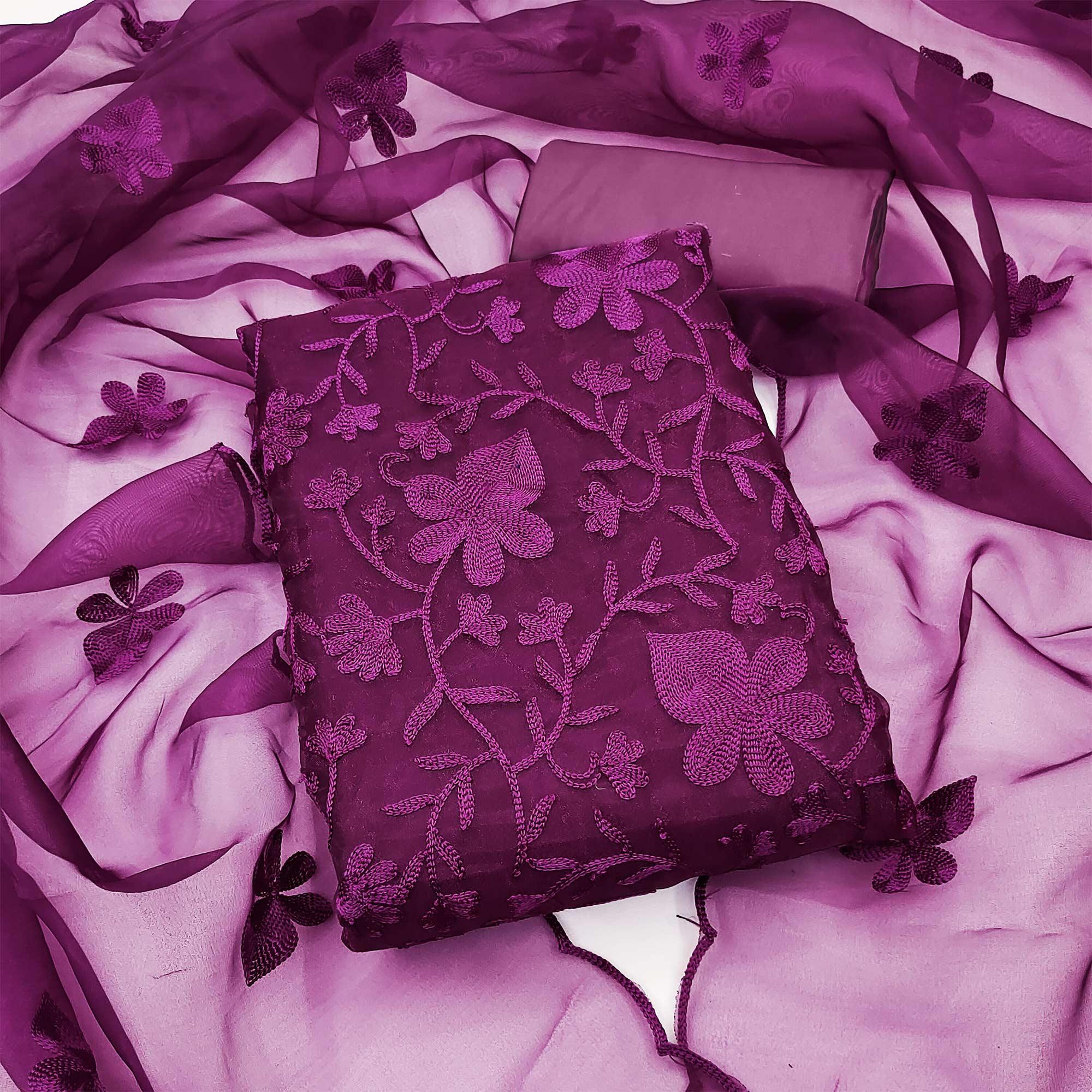 Purple Floral Embroidered Organza Dress Material - Peachmode