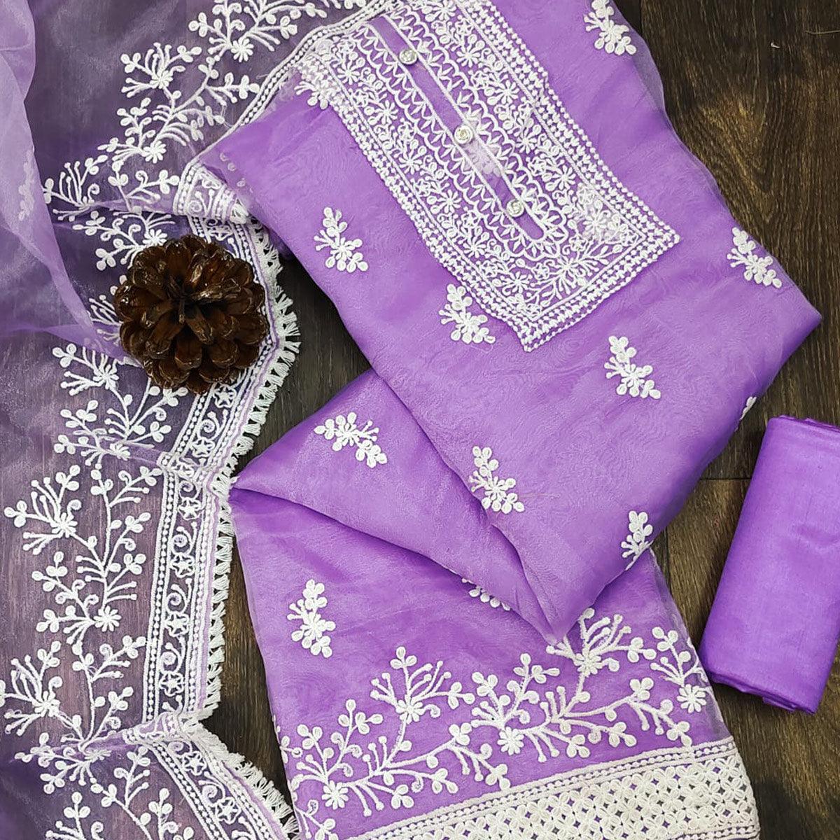 Purple Floral Embroidered Organza Dress Material - Peachmode