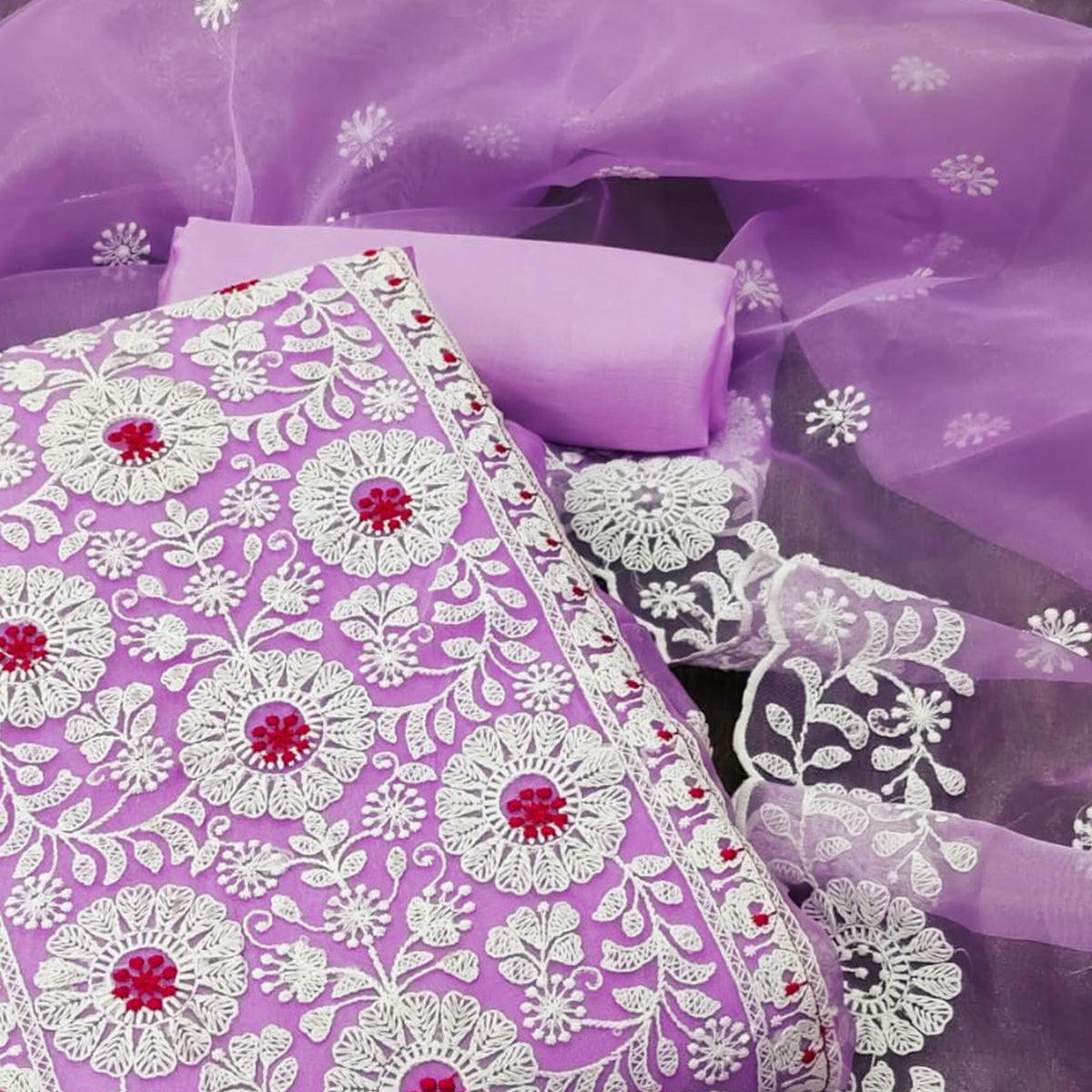 Purple Floral Embroidered Organza Dress Material - Peachmode