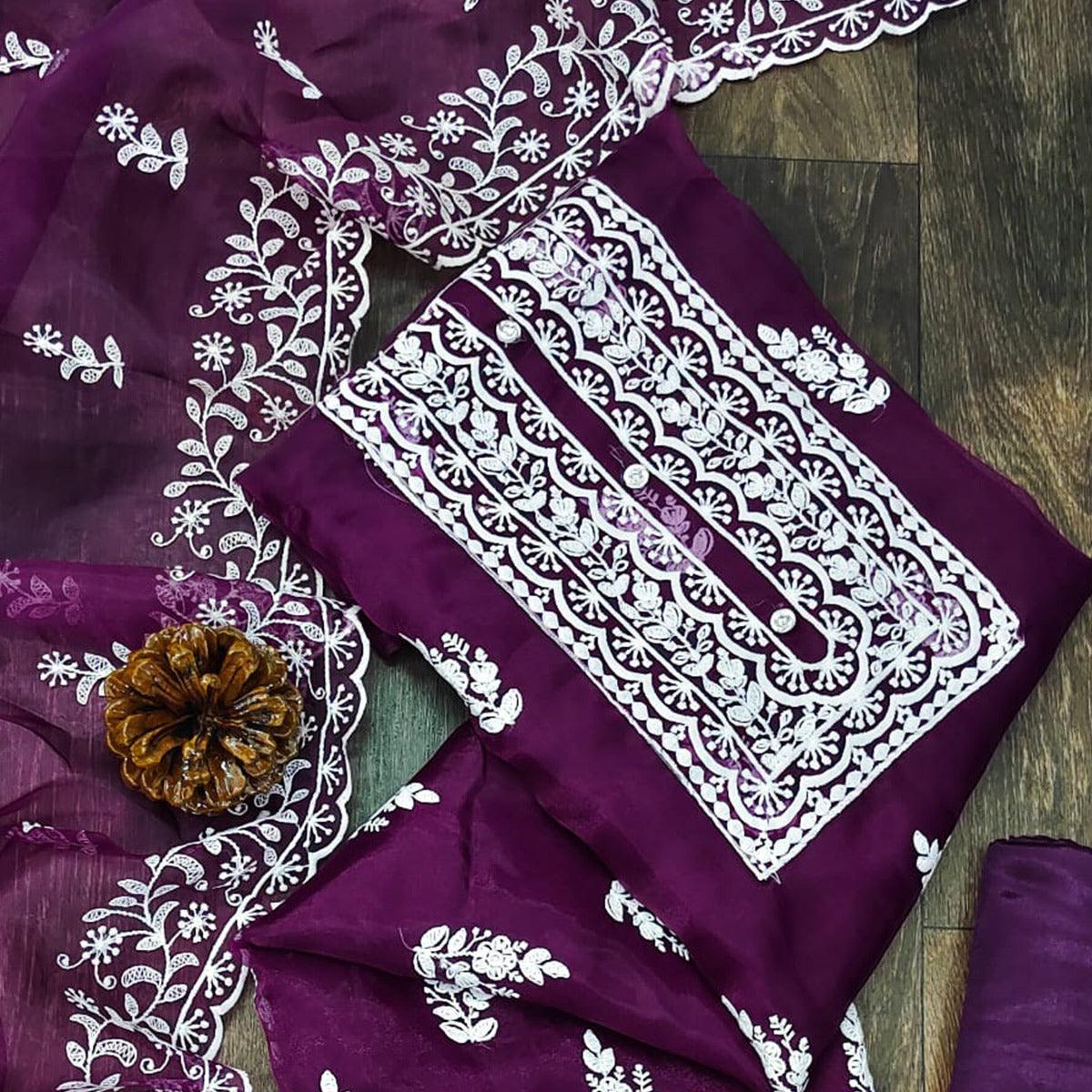 Purple Floral Embroidered Organza Dress Material - Peachmode