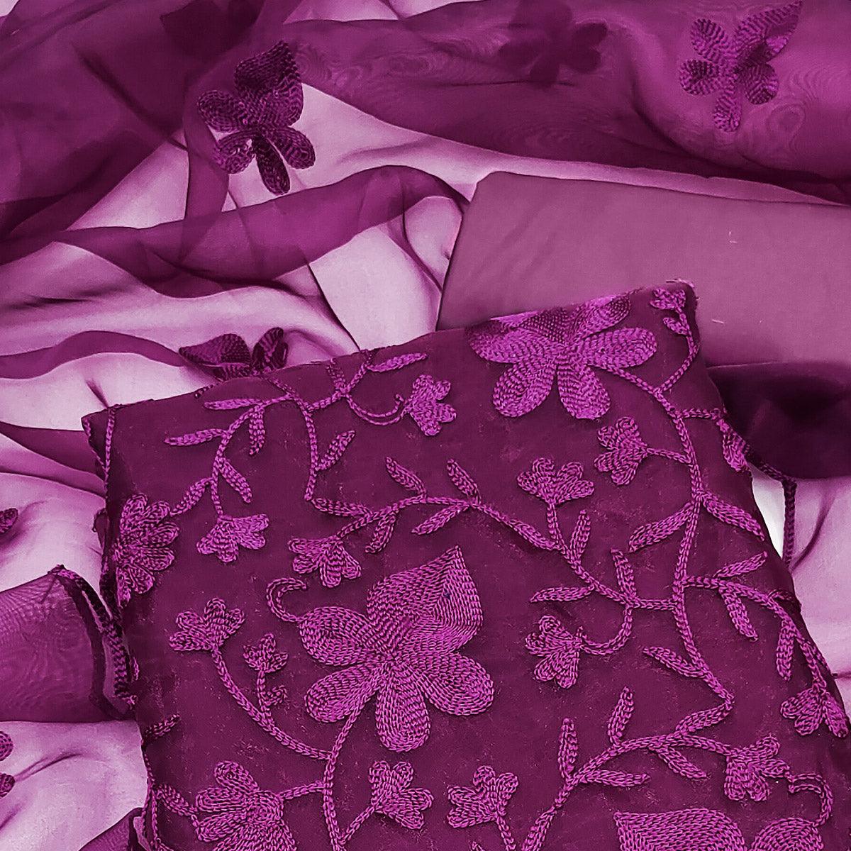 Purple Floral Embroidered Organza Dress Material - Peachmode