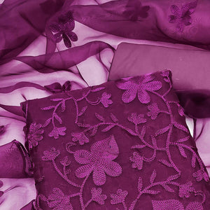 Purple Floral Embroidered Organza Dress Material - Peachmode