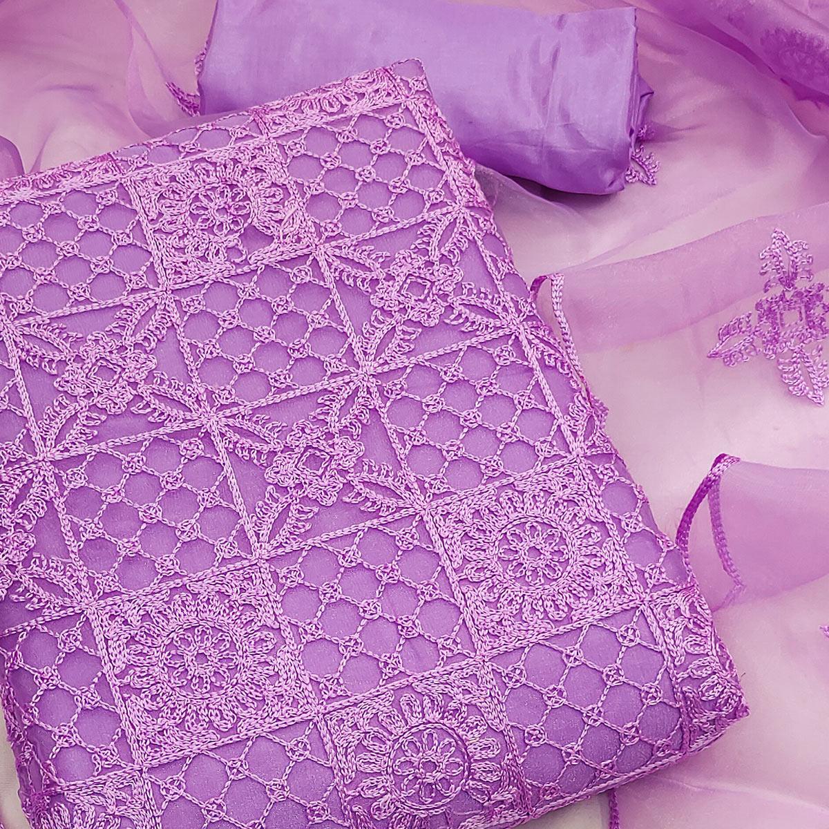 Purple Floral Embroidered Organza Dress Material - Peachmode