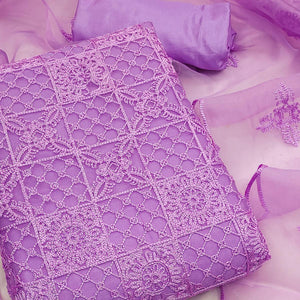 Purple Floral Embroidered Organza Dress Material - Peachmode