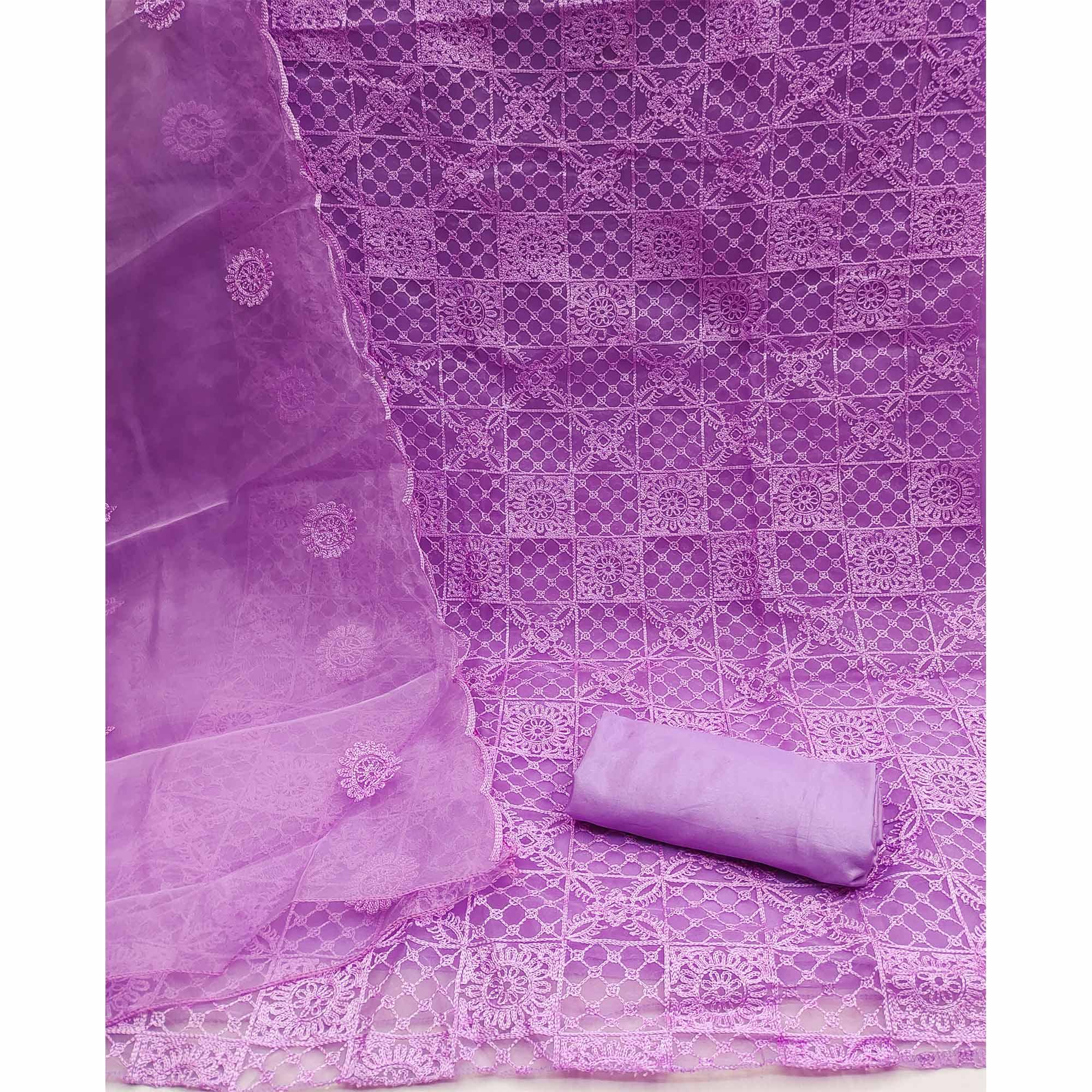 Purple Floral Embroidered Organza Dress Material - Peachmode