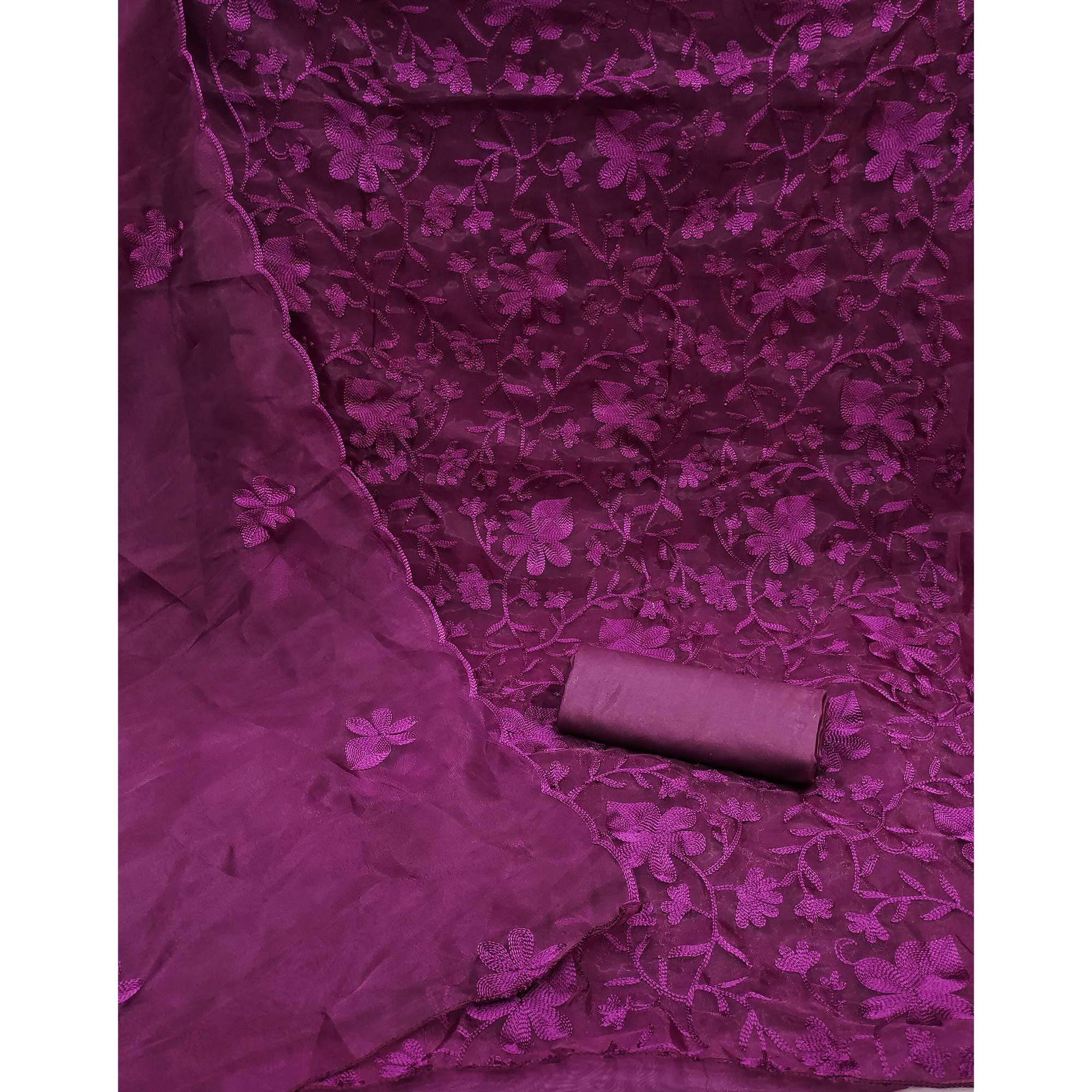Purple Floral Embroidered Organza Dress Material - Peachmode