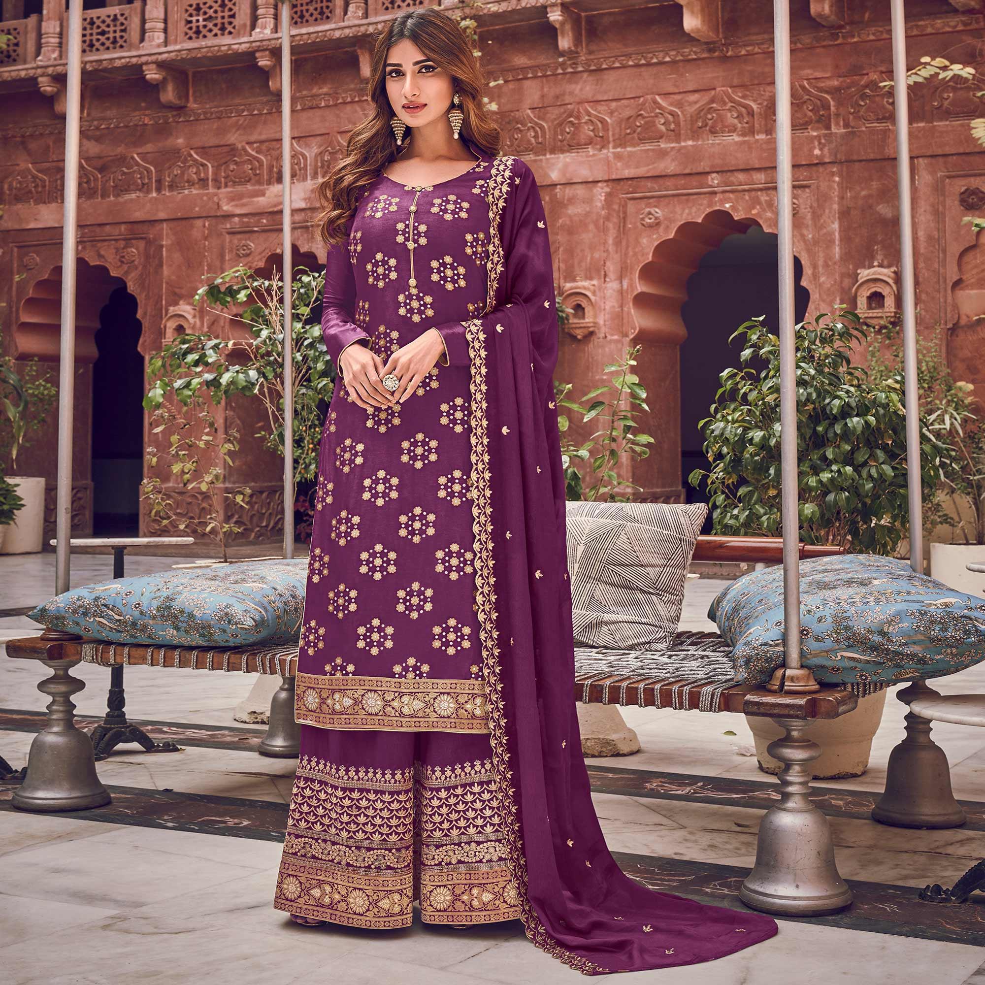 Purple Floral Embroidered Pure Dola Jacquard Partywear Suit - Peachmode