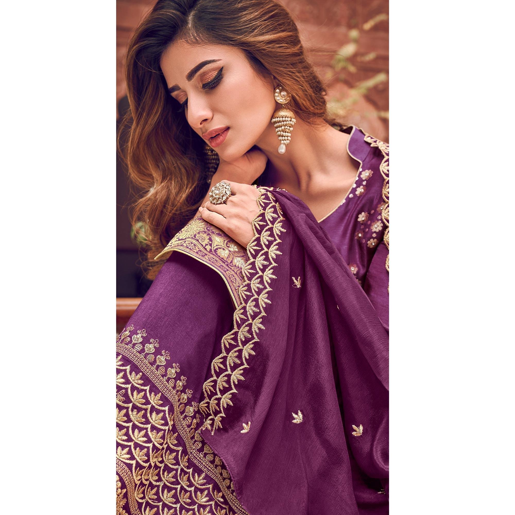 Purple Floral Embroidered Pure Dola Jacquard Partywear Suit - Peachmode