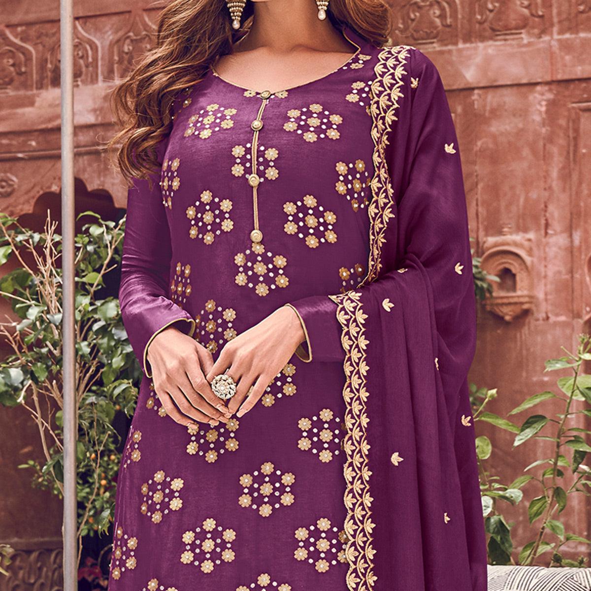 Purple Floral Embroidered Pure Dola Jacquard Partywear Suit - Peachmode