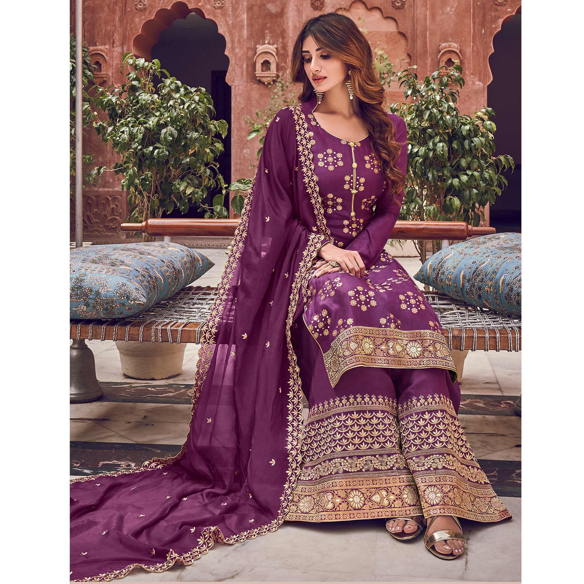 Purple Floral Embroidered Pure Dola Jacquard Partywear Suit - Peachmode