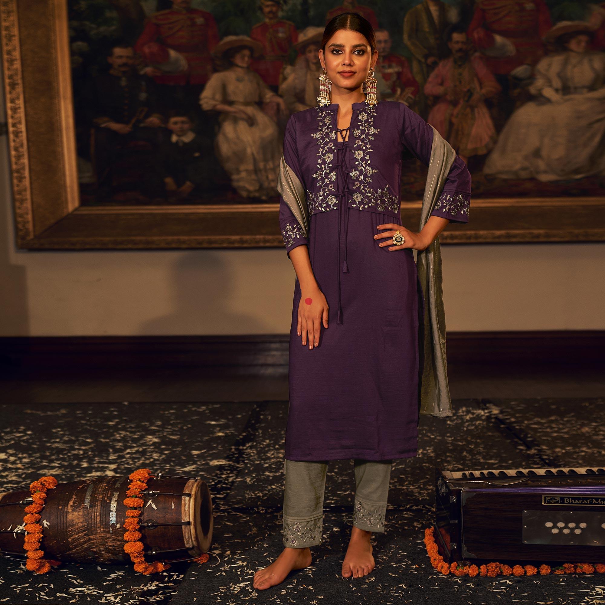 Purple Floral Embroidered Pure Viscose Silk Partywear Suit - Peachmode