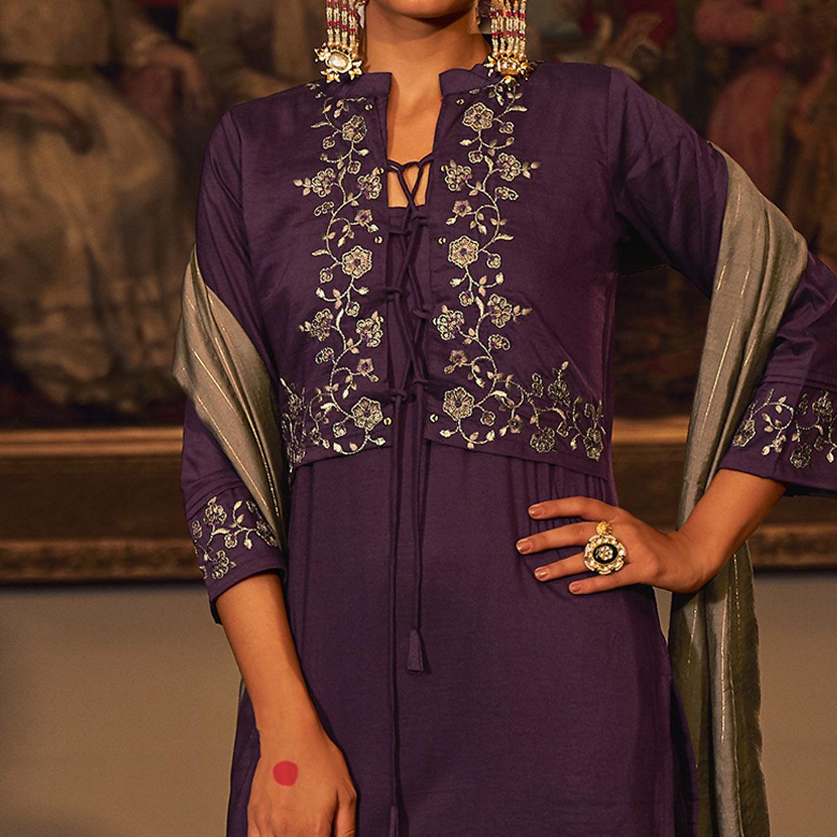 Purple Floral Embroidered Pure Viscose Silk Partywear Suit - Peachmode