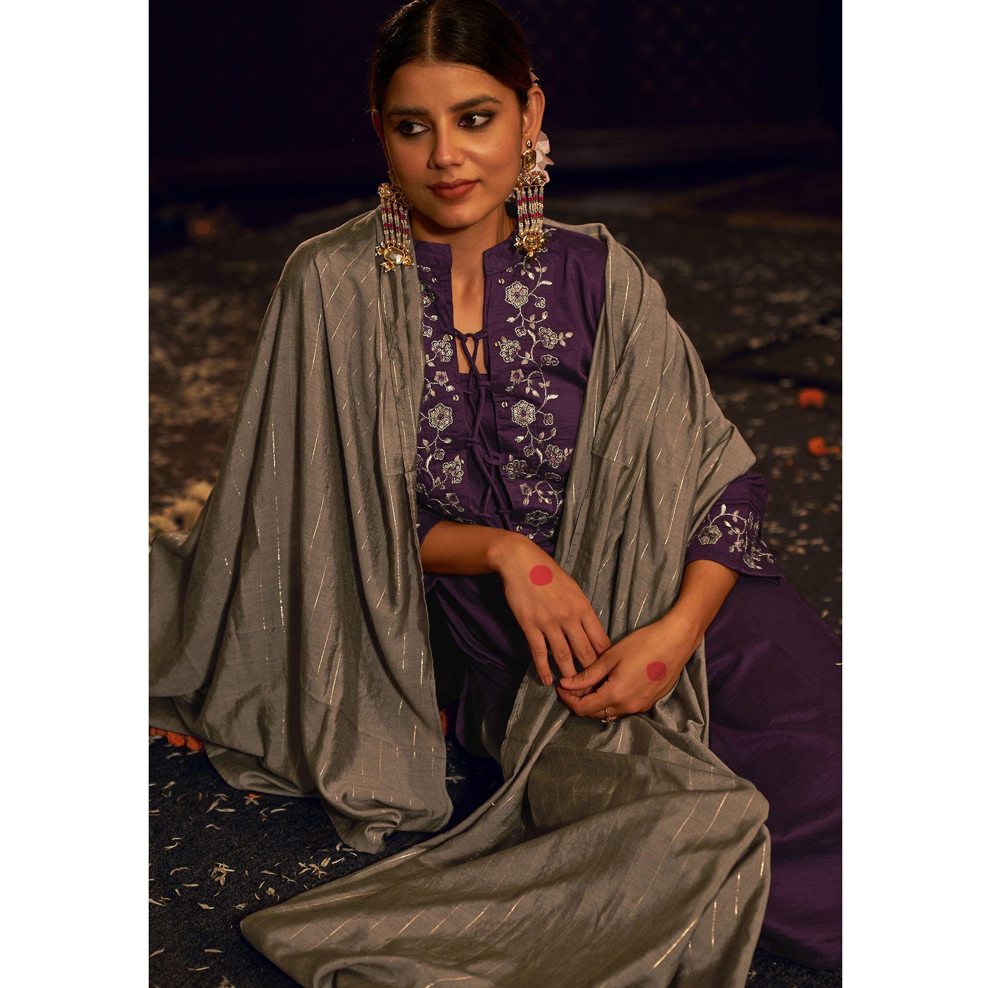 Purple Floral Embroidered Pure Viscose Silk Partywear Suit - Peachmode