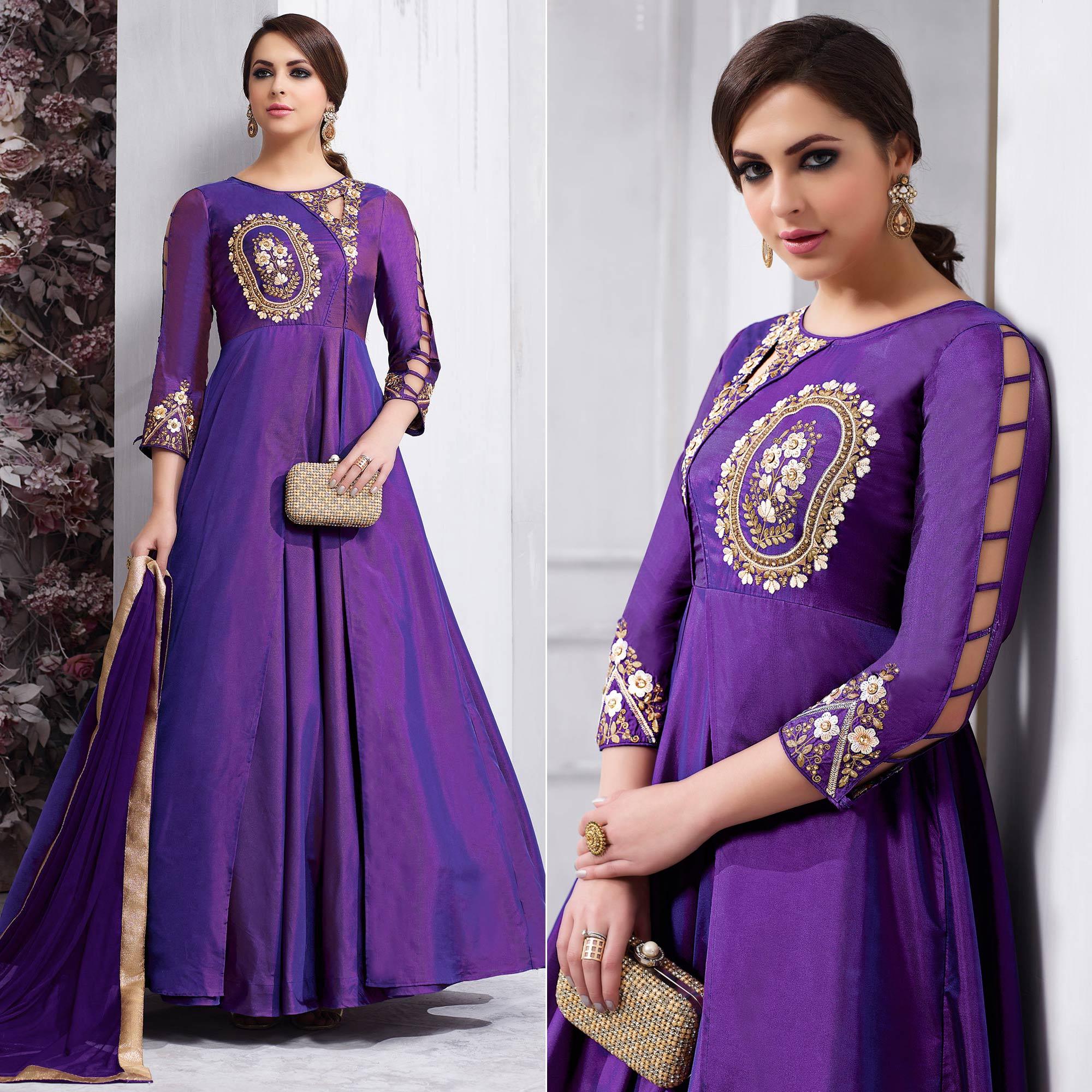 Purple Floral Embroidered Tapeta Silk Gown - Peachmode