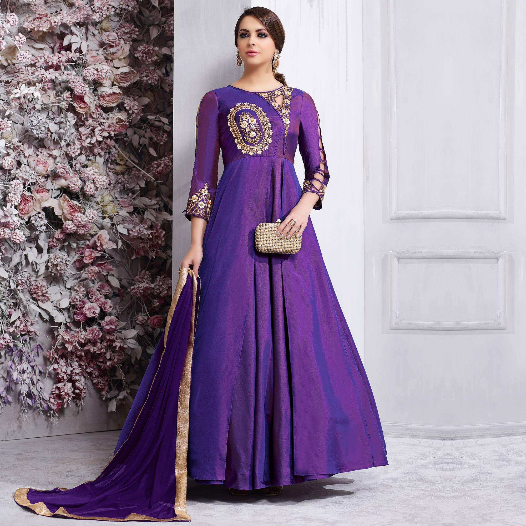Purple Floral Embroidered Tapeta Silk Gown - Peachmode