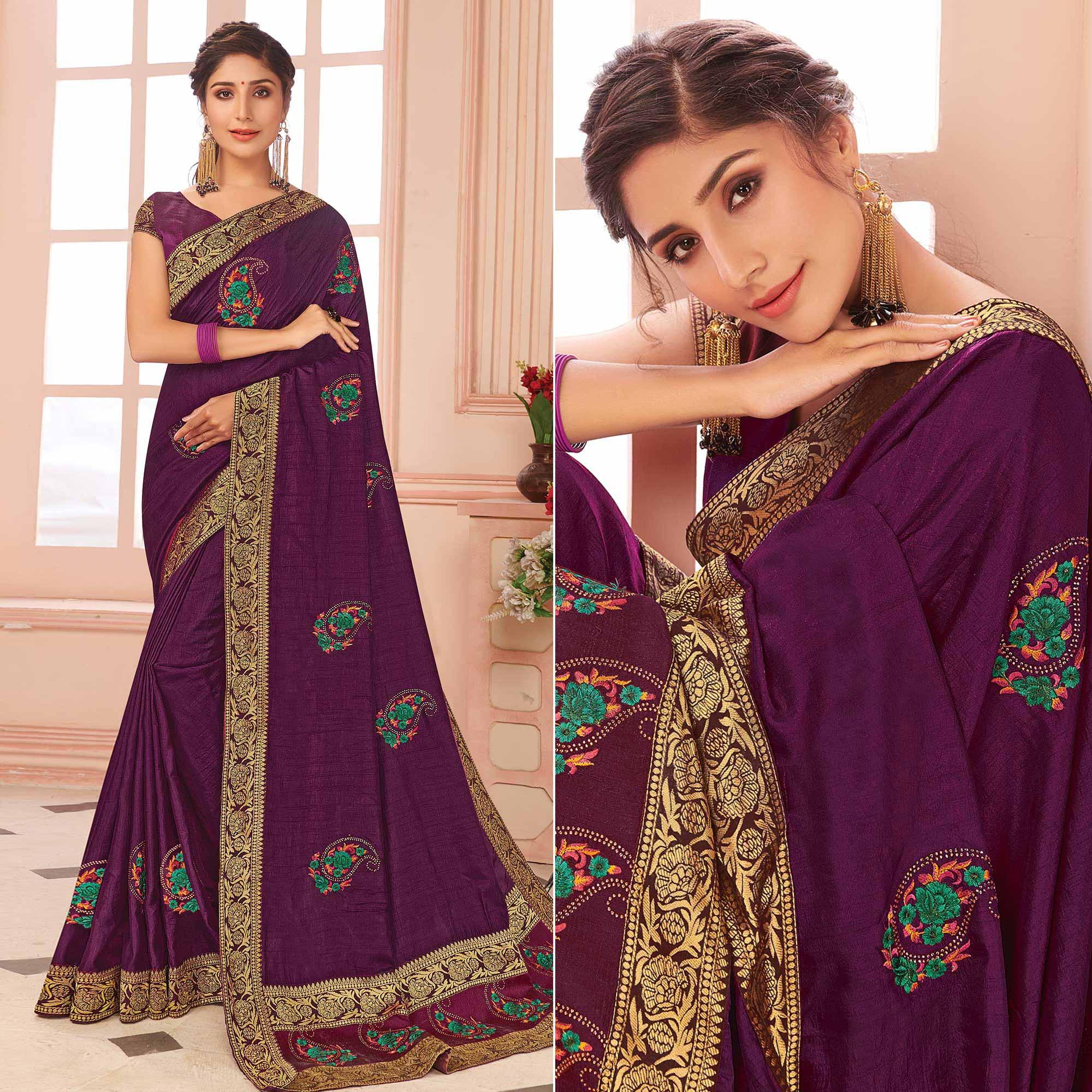 Purple Floral Embroidered Vichitra Silk Saree - Peachmode