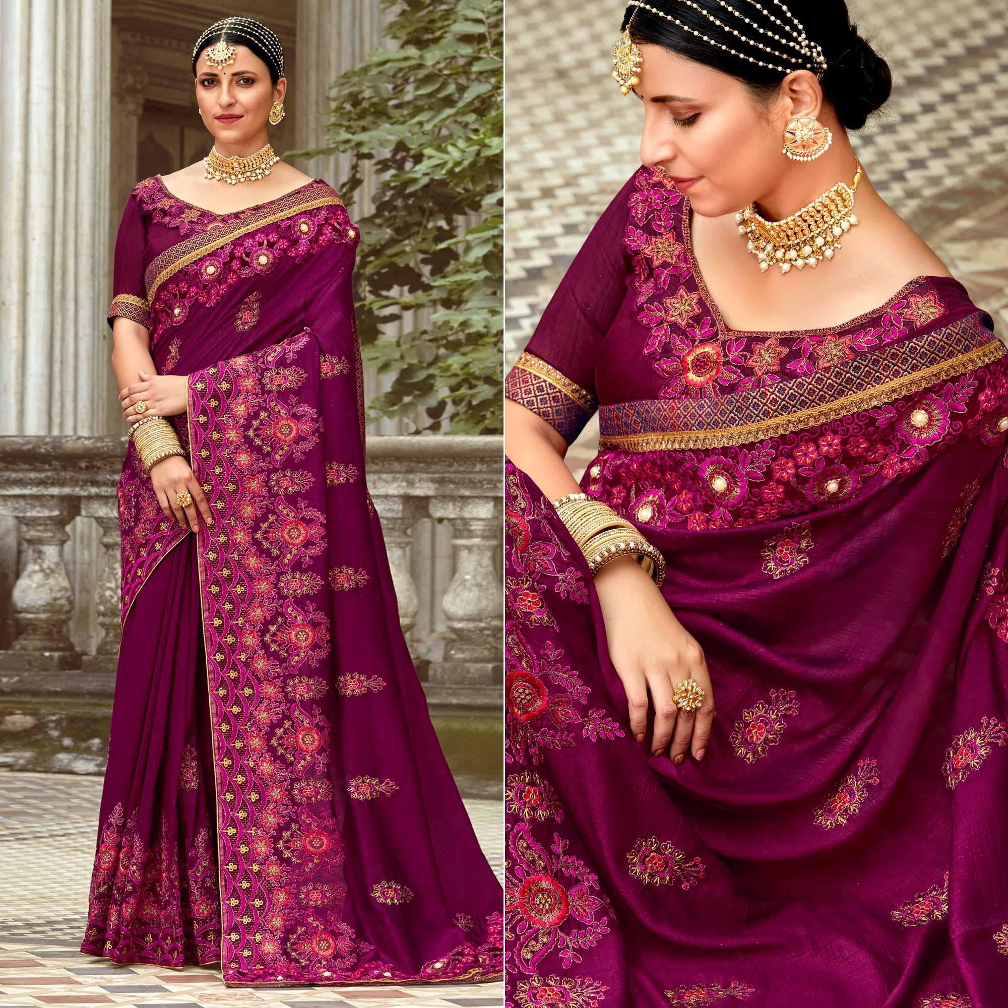 Purple Floral Embroidered Vichitra Silk Saree - Peachmode