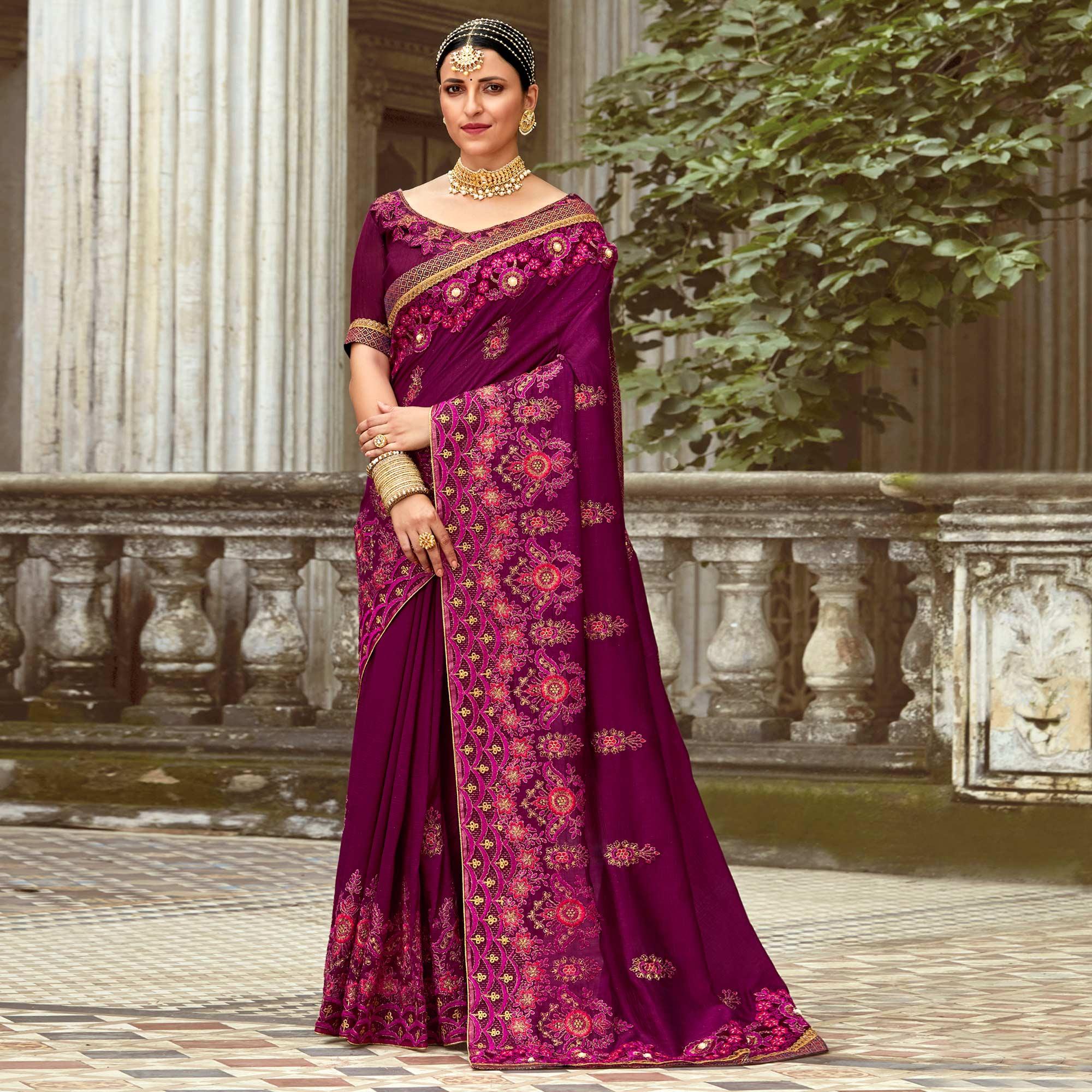 Purple Floral Embroidered Vichitra Silk Saree - Peachmode