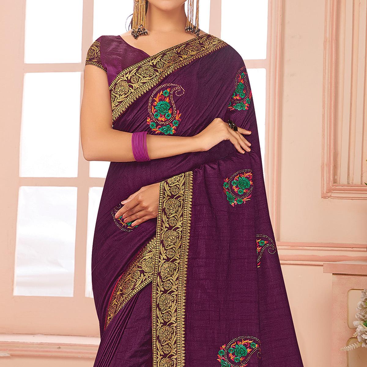 Purple Floral Embroidered Vichitra Silk Saree - Peachmode