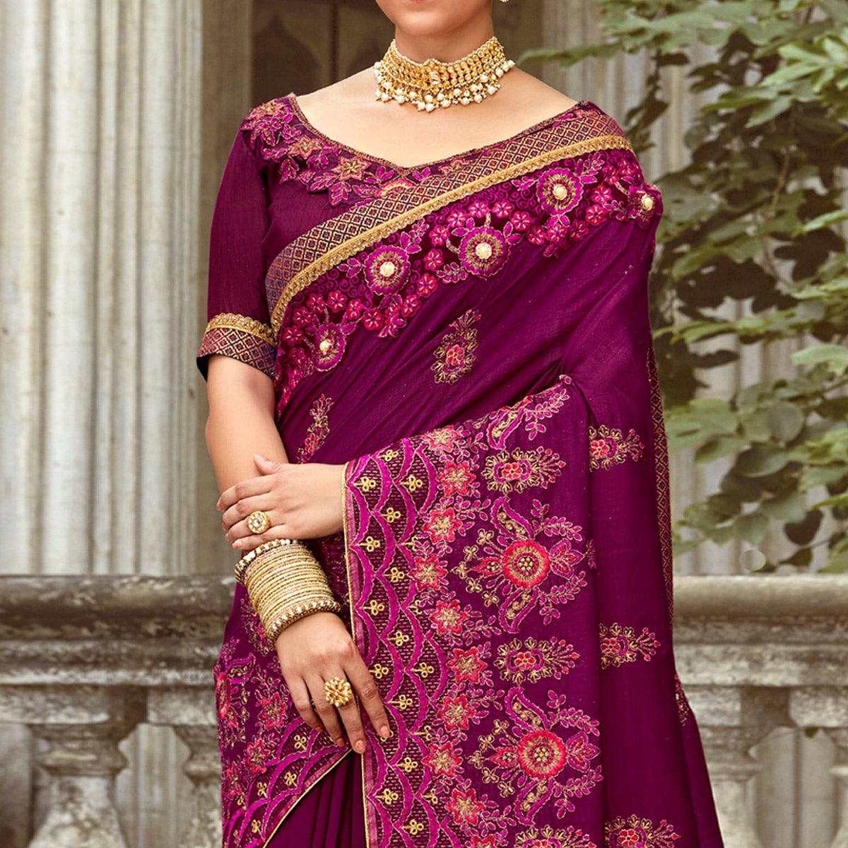 Purple Floral Embroidered Vichitra Silk Saree - Peachmode