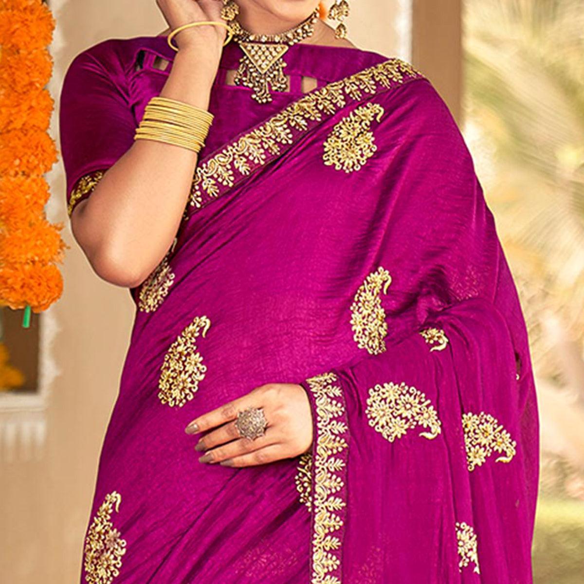 Purple Floral Embroidered Vichitra Silk Saree - Peachmode