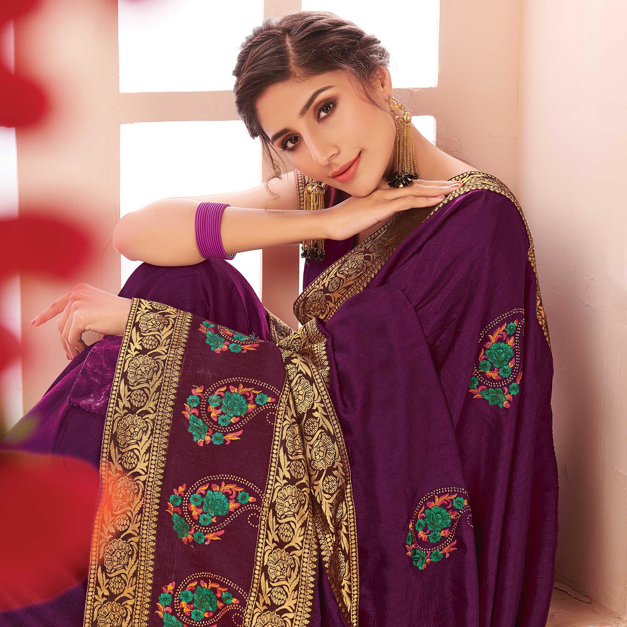 Purple Floral Embroidered Vichitra Silk Saree - Peachmode