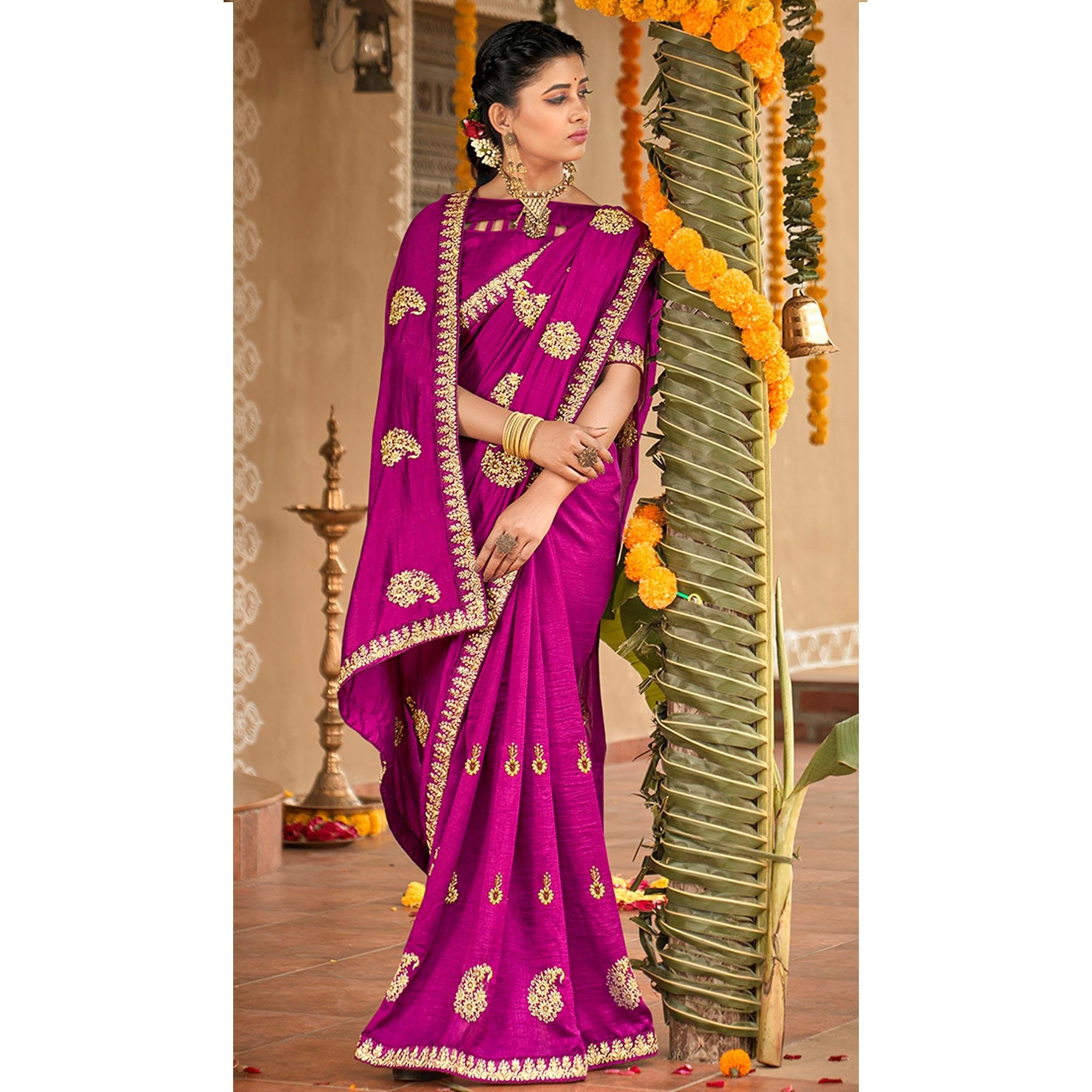 Purple Floral Embroidered Vichitra Silk Saree - Peachmode