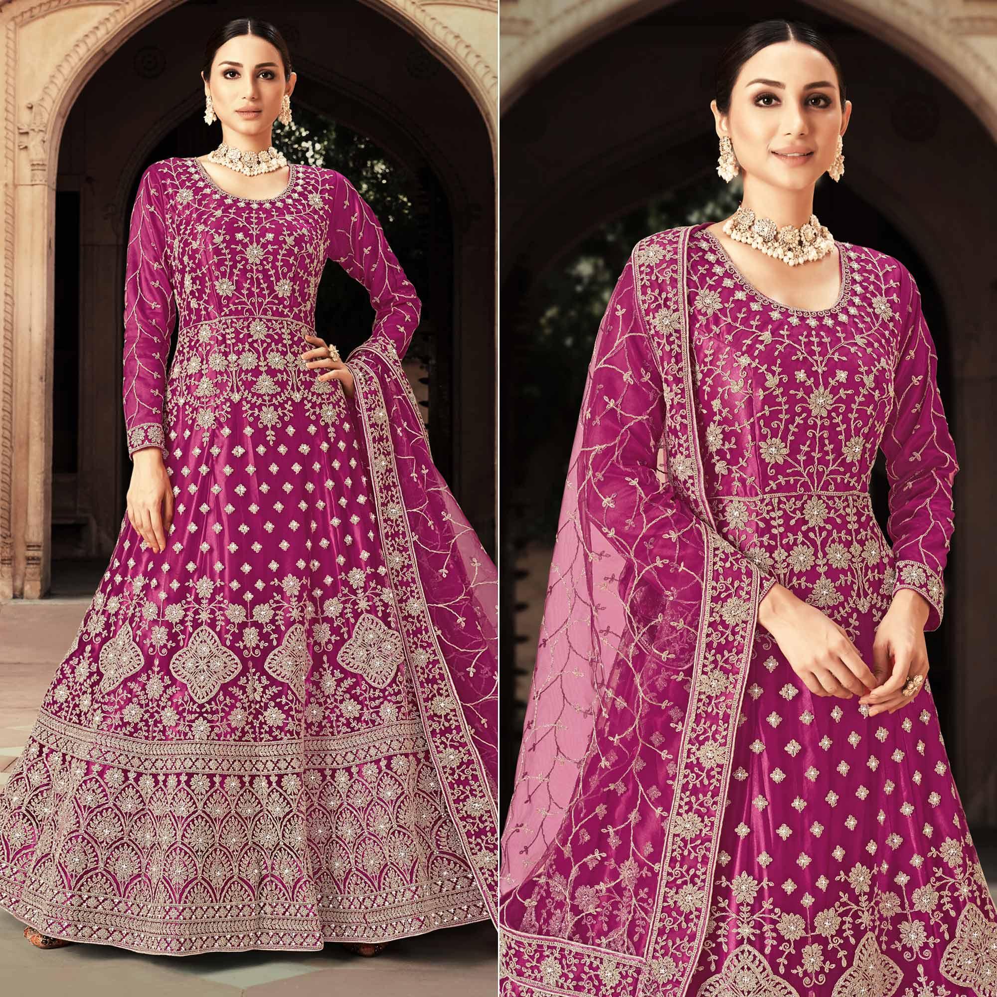 Purple Floral Embroidered With Diamond Work Net Gown - Peachmode