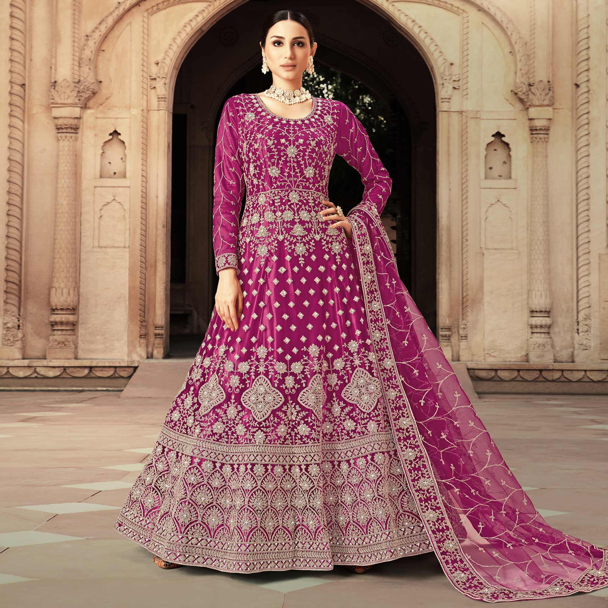 Purple Floral Embroidered With Diamond Work Net Gown - Peachmode