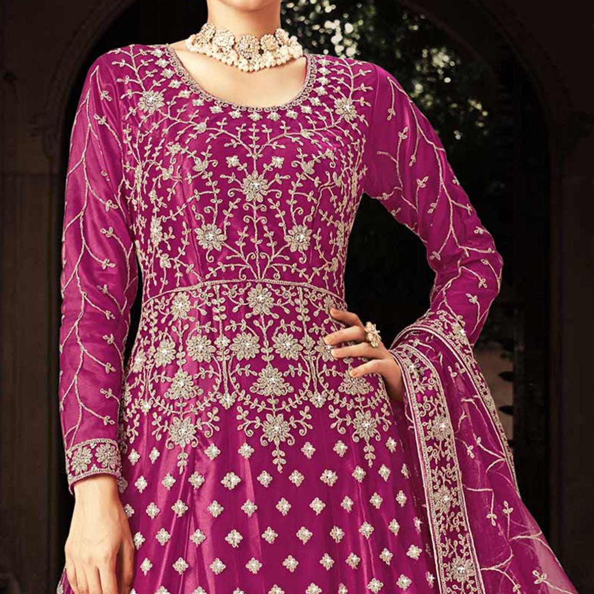 Purple Floral Embroidered With Diamond Work Net Gown - Peachmode