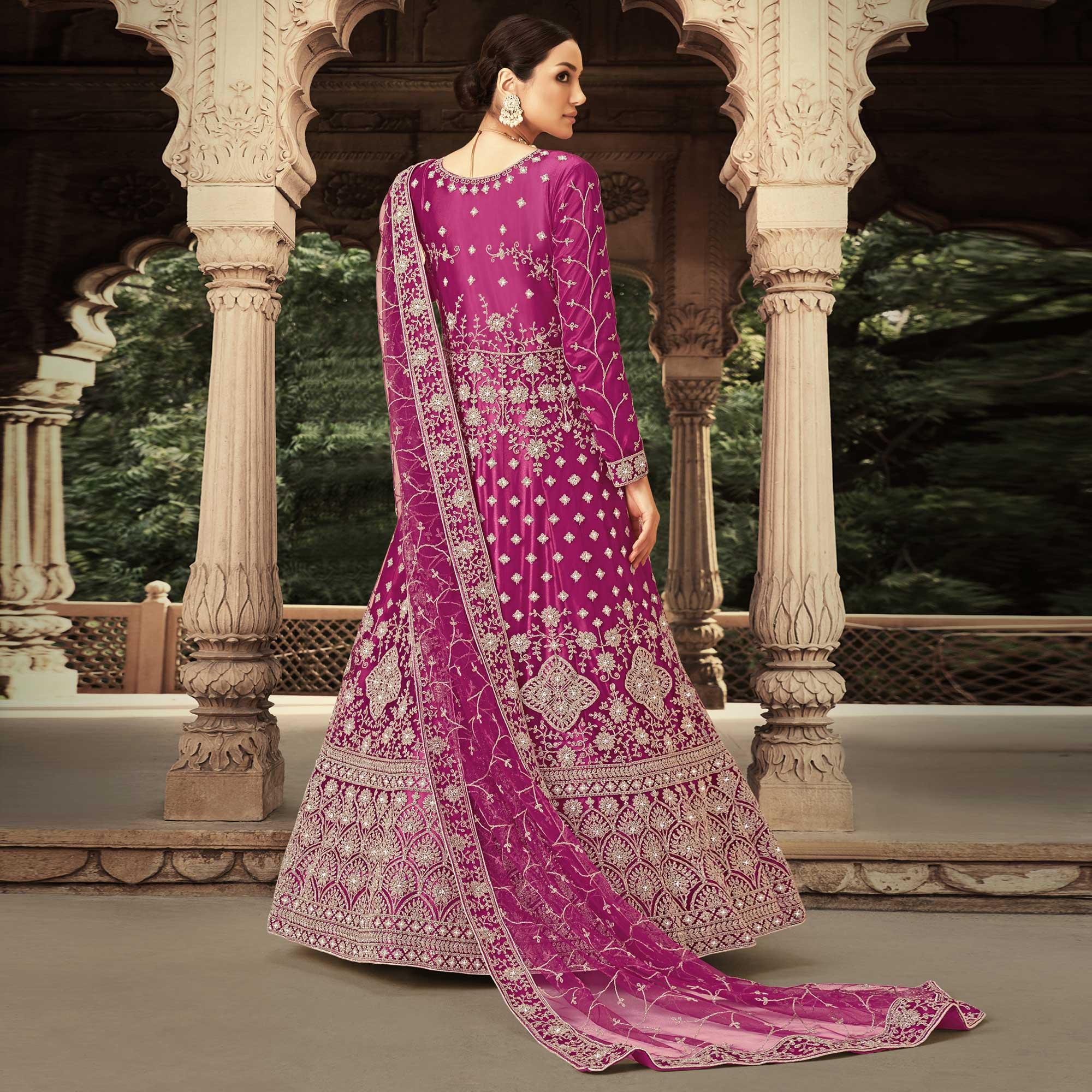 Purple Floral Embroidered With Diamond Work Net Gown - Peachmode
