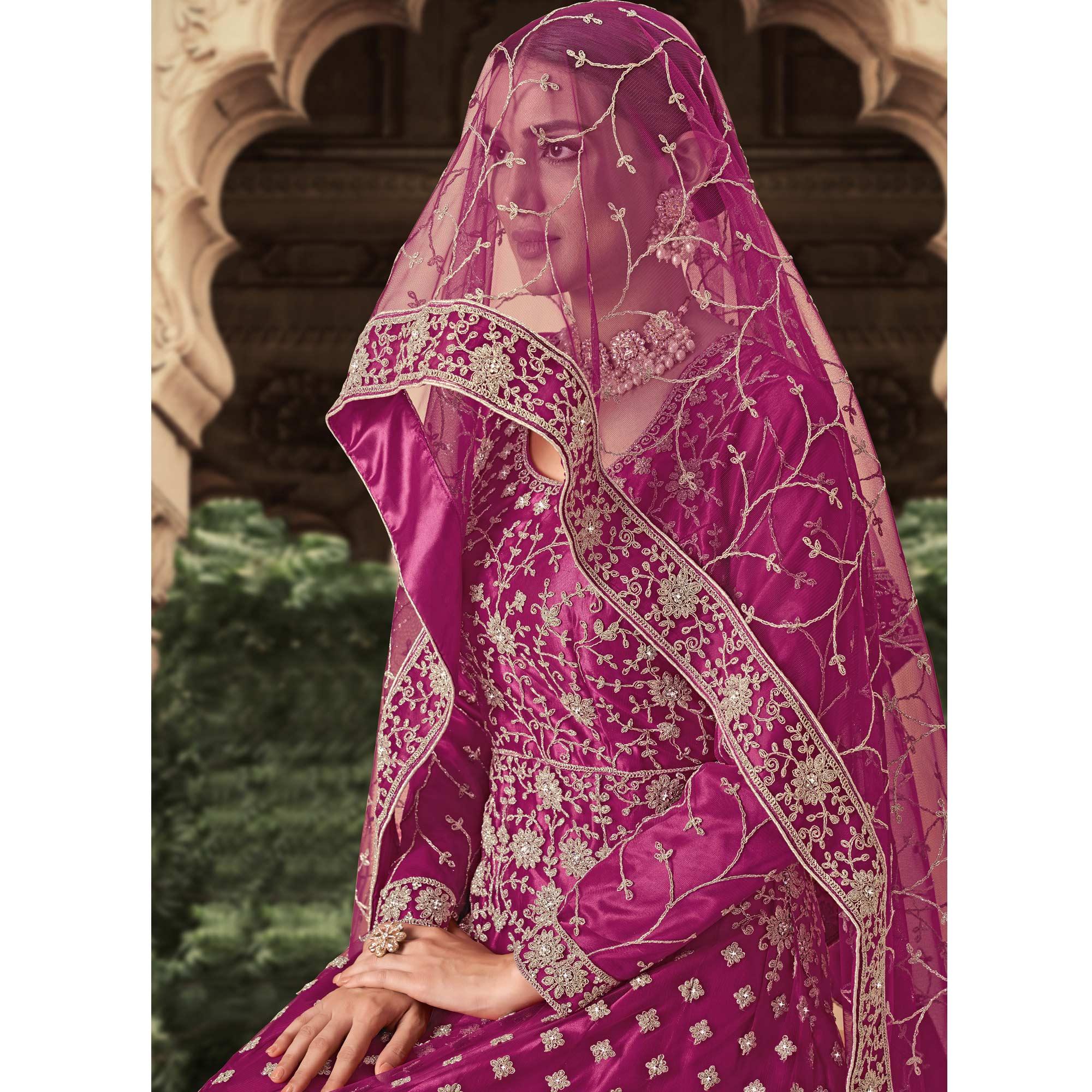 Purple Floral Embroidered With Diamond Work Net Gown - Peachmode